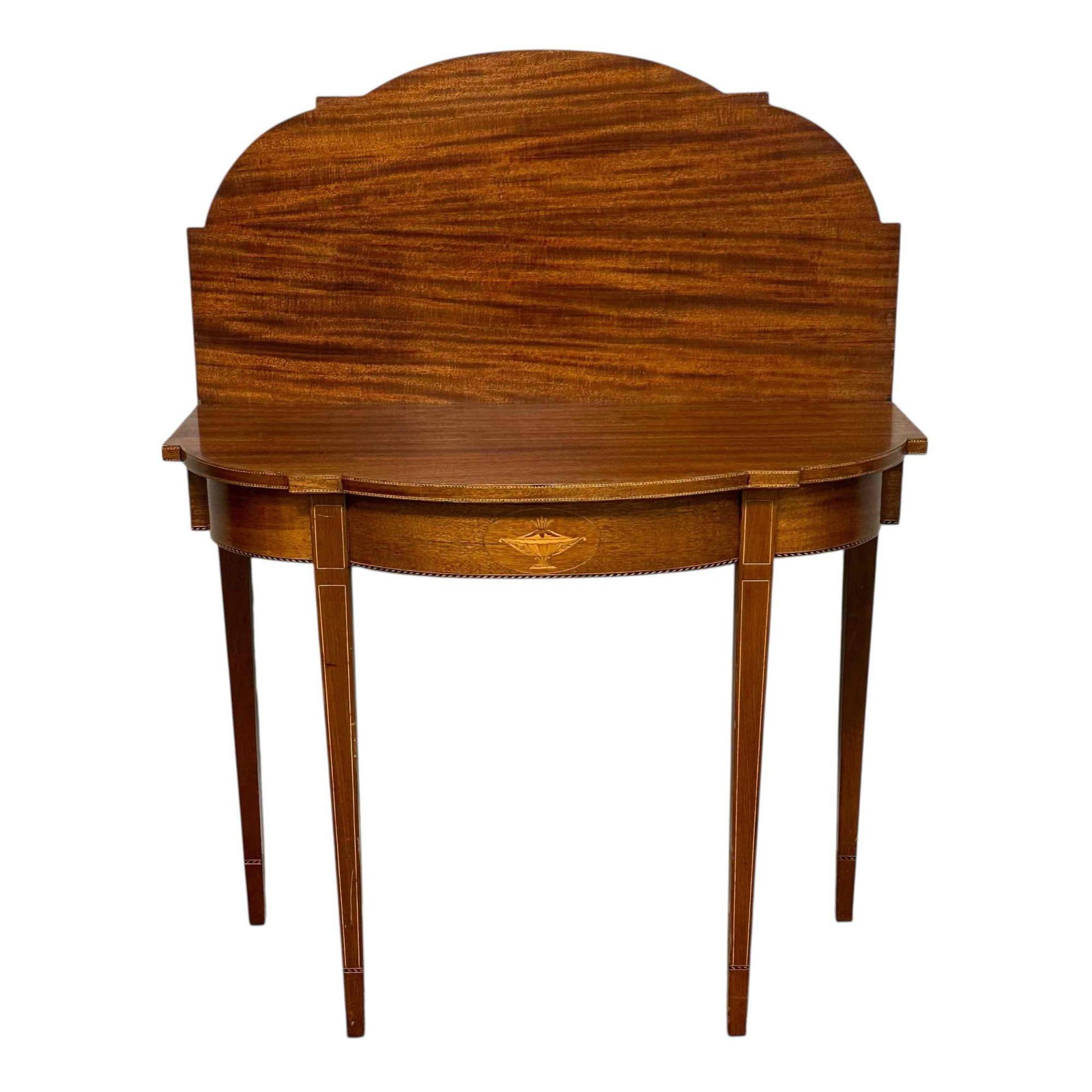 Federal Style Inlaid Mahogany Demilune Flip-Top Game Table: Neoclassical inlaid, Sheraton tapered leg and measuring approx 30"H x 36"W x 36"D or 18". Light use and wear