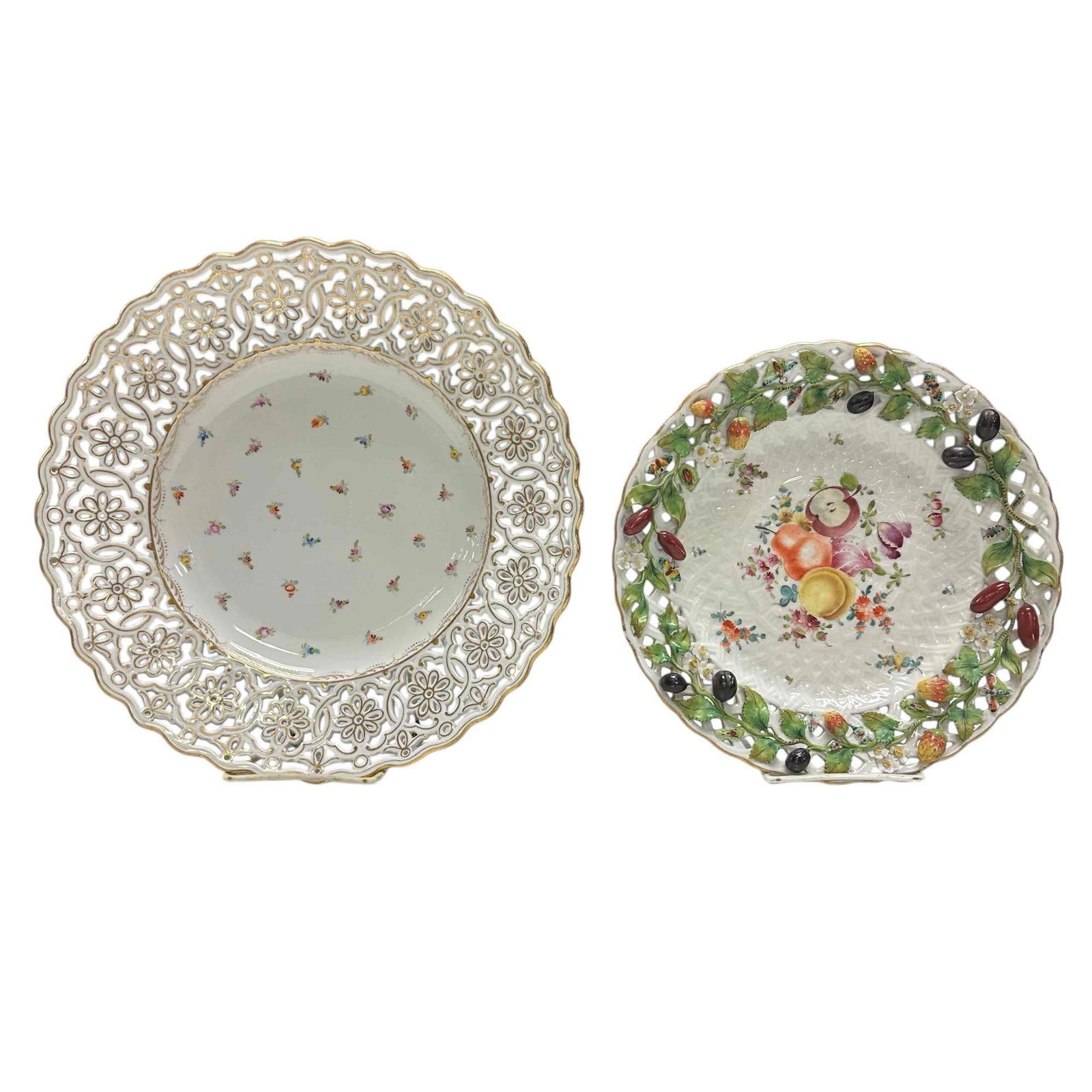19th Century MEISSEN and DRESDEN Pierced Porcelain Cabinet Chargers (2): Richard Klemm piece is stamped into the porcelain Meissen and also stamped Dresden. Having wide outer pierced board with gold accent with individual flower center, measuring approx. 11.5" diameter by