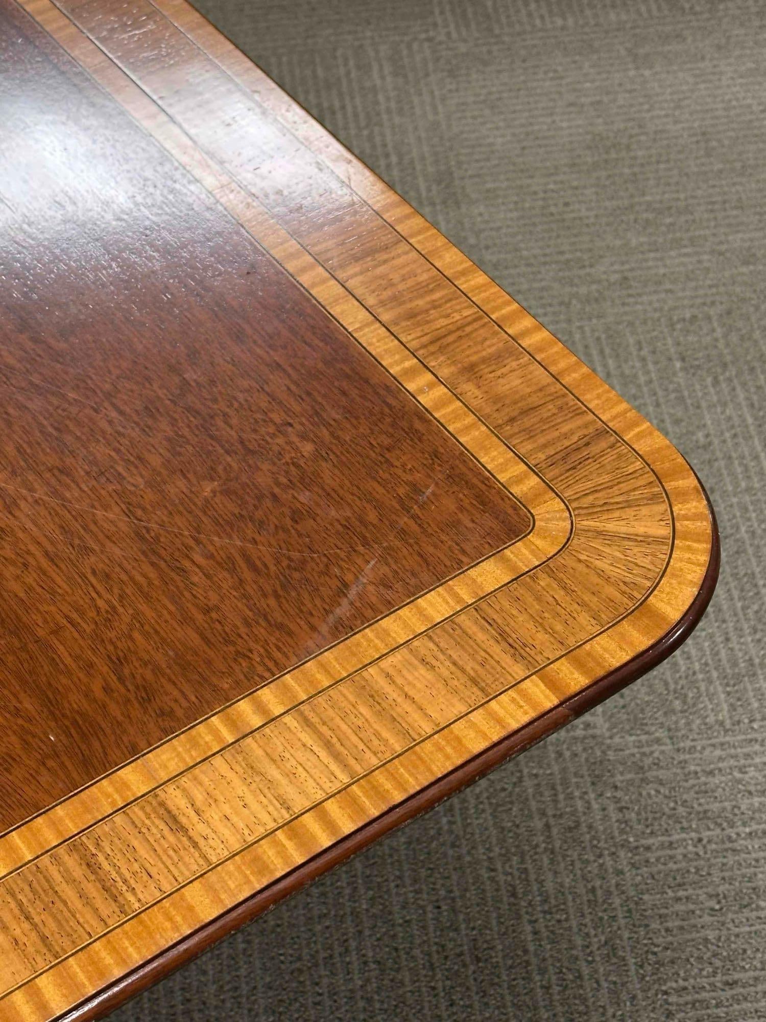 Baker Satinwood Banded Mahogany Single Pedestal Table - 13