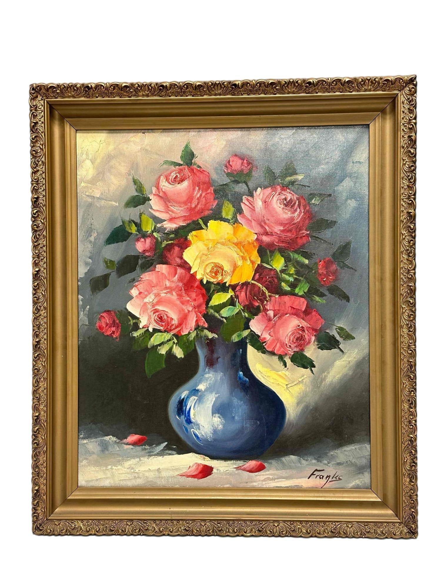 Leon Franks (1914-1970) Canada American Still Life Oil on Canvas: Still life oil on canvas by Leon Franks (1914-1970) Canadian American artist. Framed in gold bronze toned scalloped floral form frame depicting blue vase of red and pink roses surrounding a yellow ros