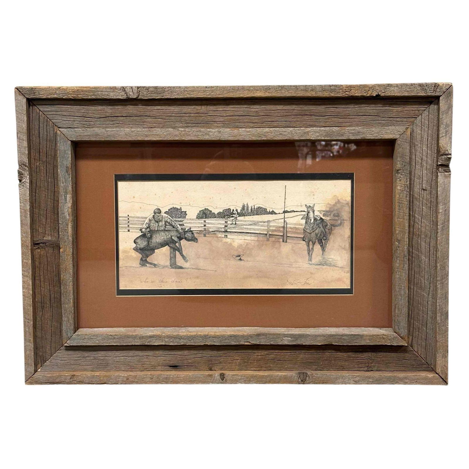 Rustic Western Framed Cowboy Ink Drawing Artist Signed (1 of 13)
