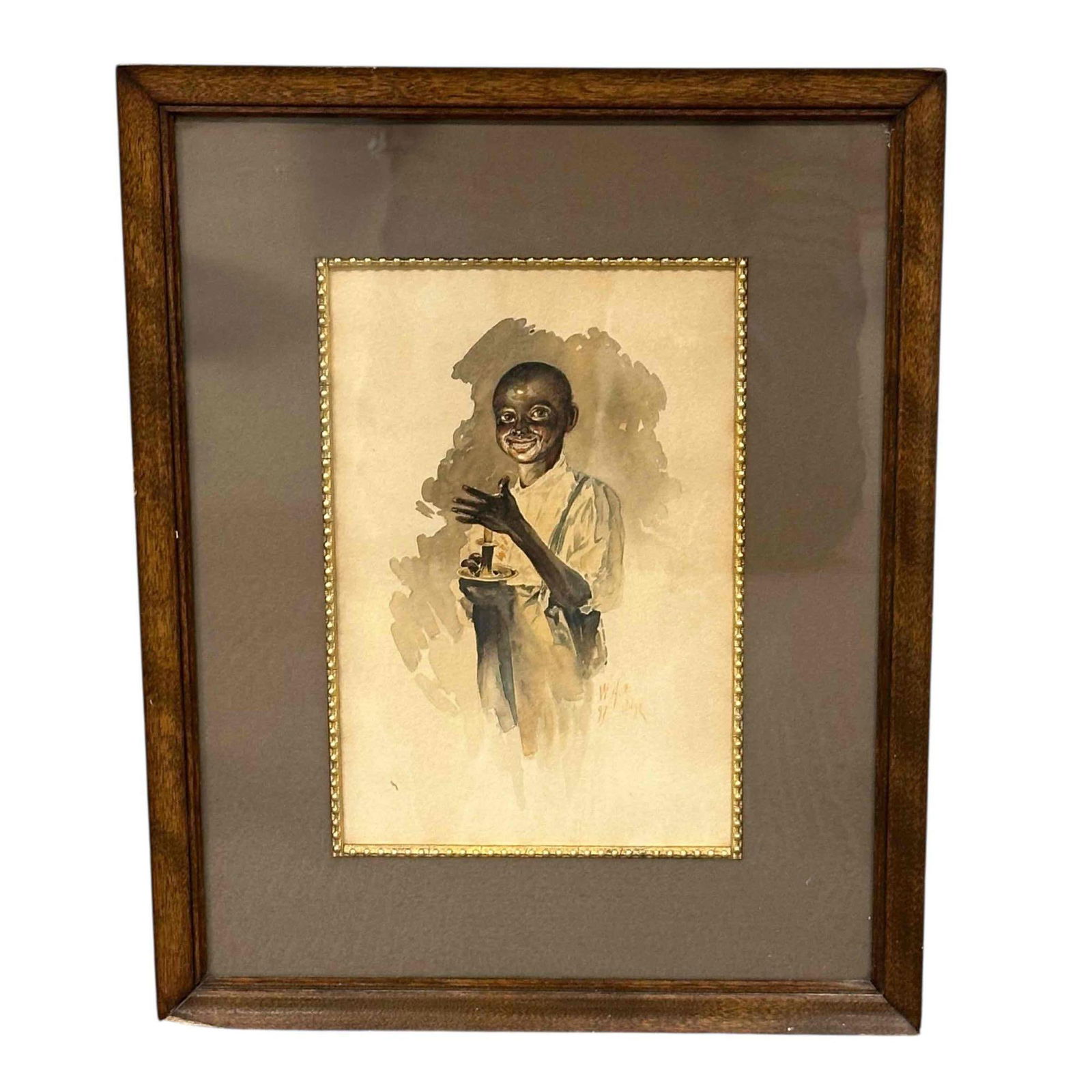 Water Color of Young African American Boy Holding Candle: Professionally framed and matted with gold leaf trim Black Americana water color of young African boy holding candle. Signed and dated on lower right. Measuring approx. 19.75" tall by 15.75" wide over