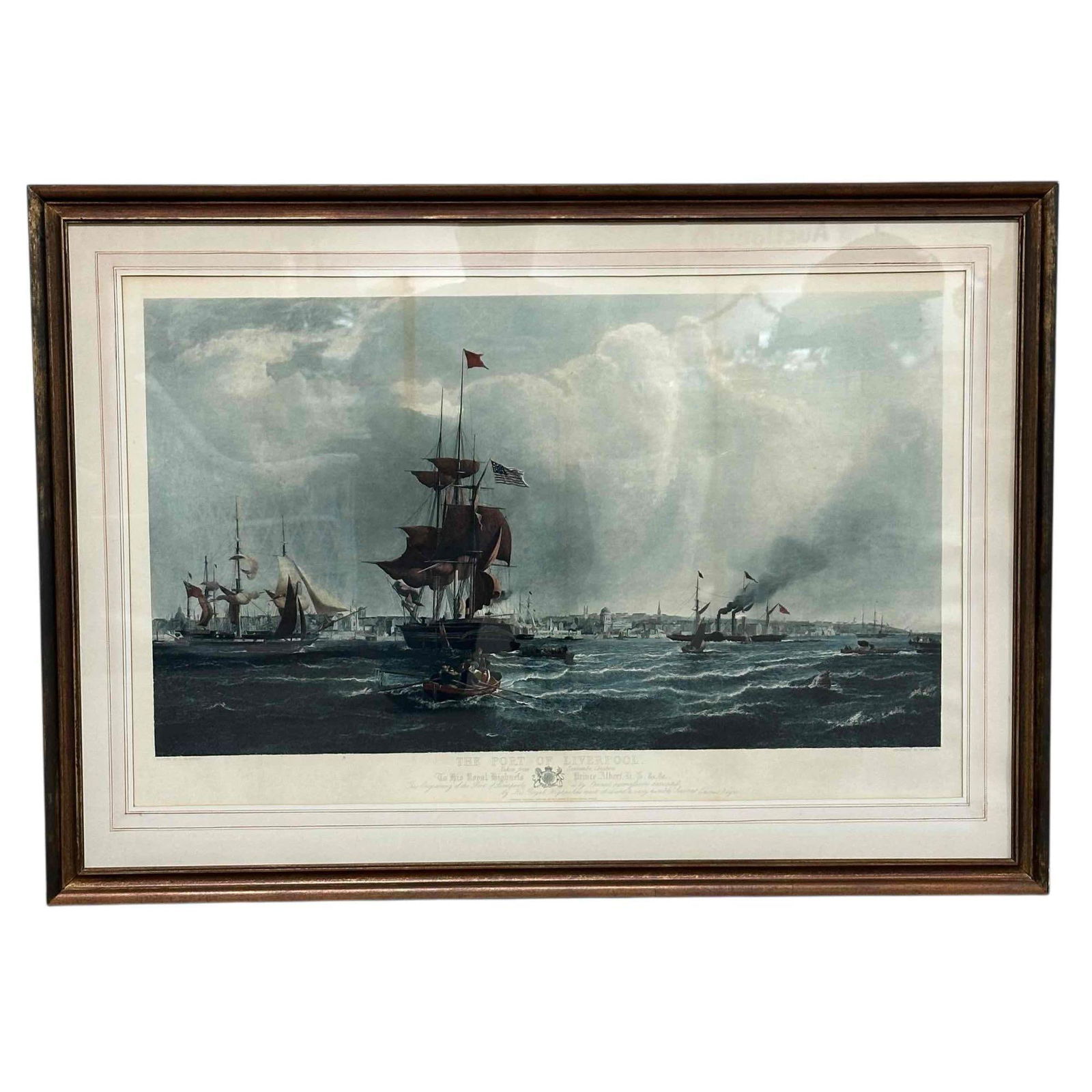 George Chambers The Port of Liverpool Hand Colored Engraving: Framed and matted under glass measuring approx 30" h x 41" w overall. Some light soil on top as shown, see photos. In house shipping and larger delivery options available on most US lots/ invoices. Ca