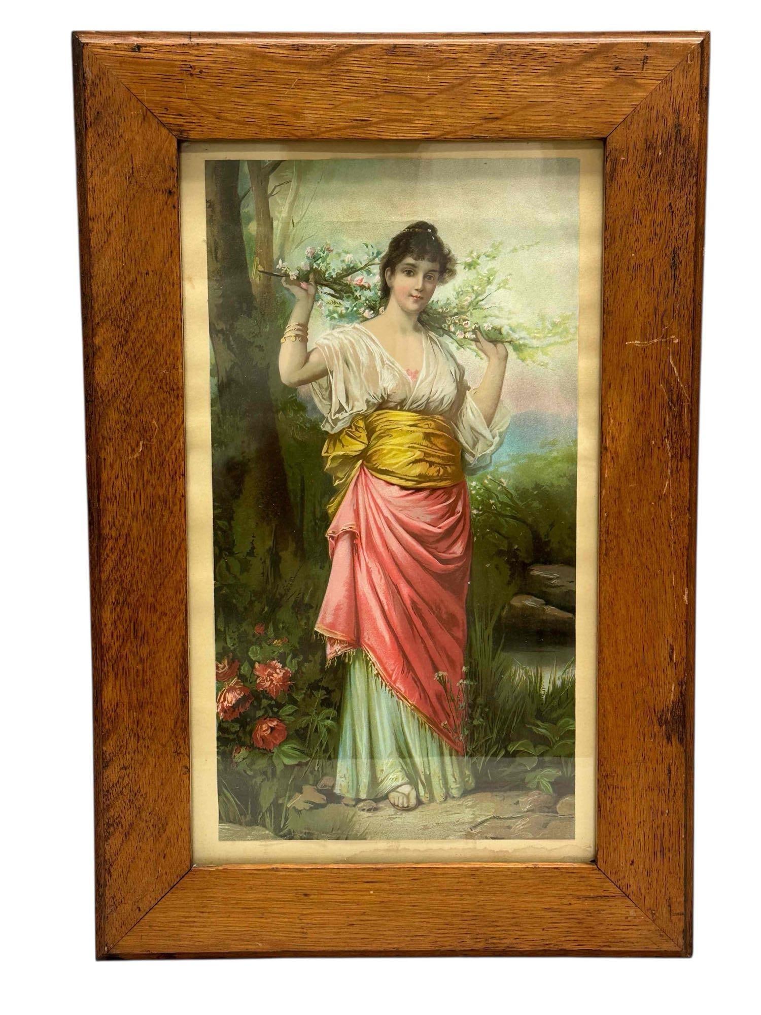 Victorian "Esther at the Wall" Framed Print: Victorian era framed print titled "Esther at the Wall" or "Awakening of Spring". Depicting young woman in classical attire holding branches housed in a solid oak frame. Measuring approx. 21" tall by 1