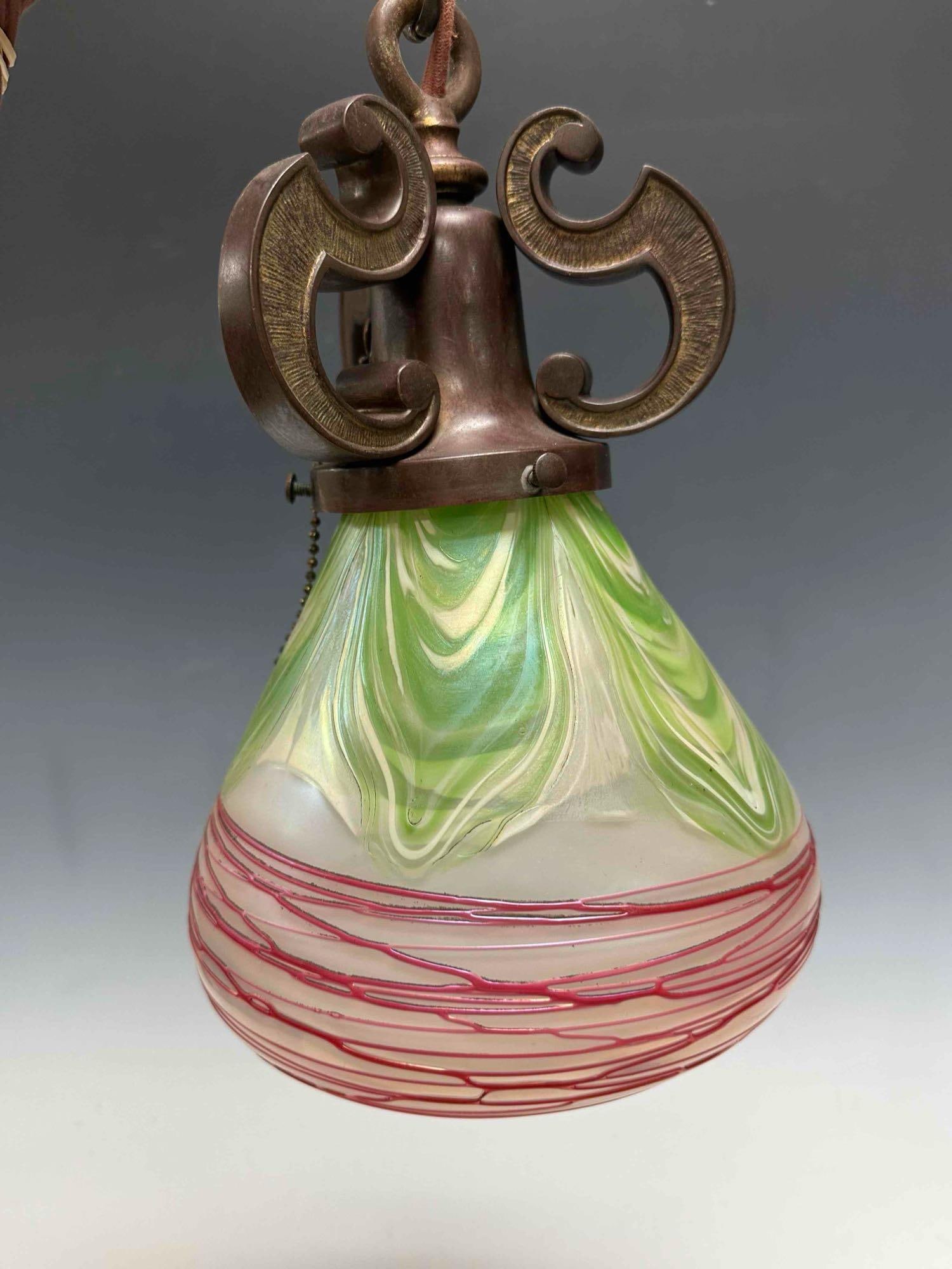 Bronze Hanging Light Fixture with Art Glass Shade - 16