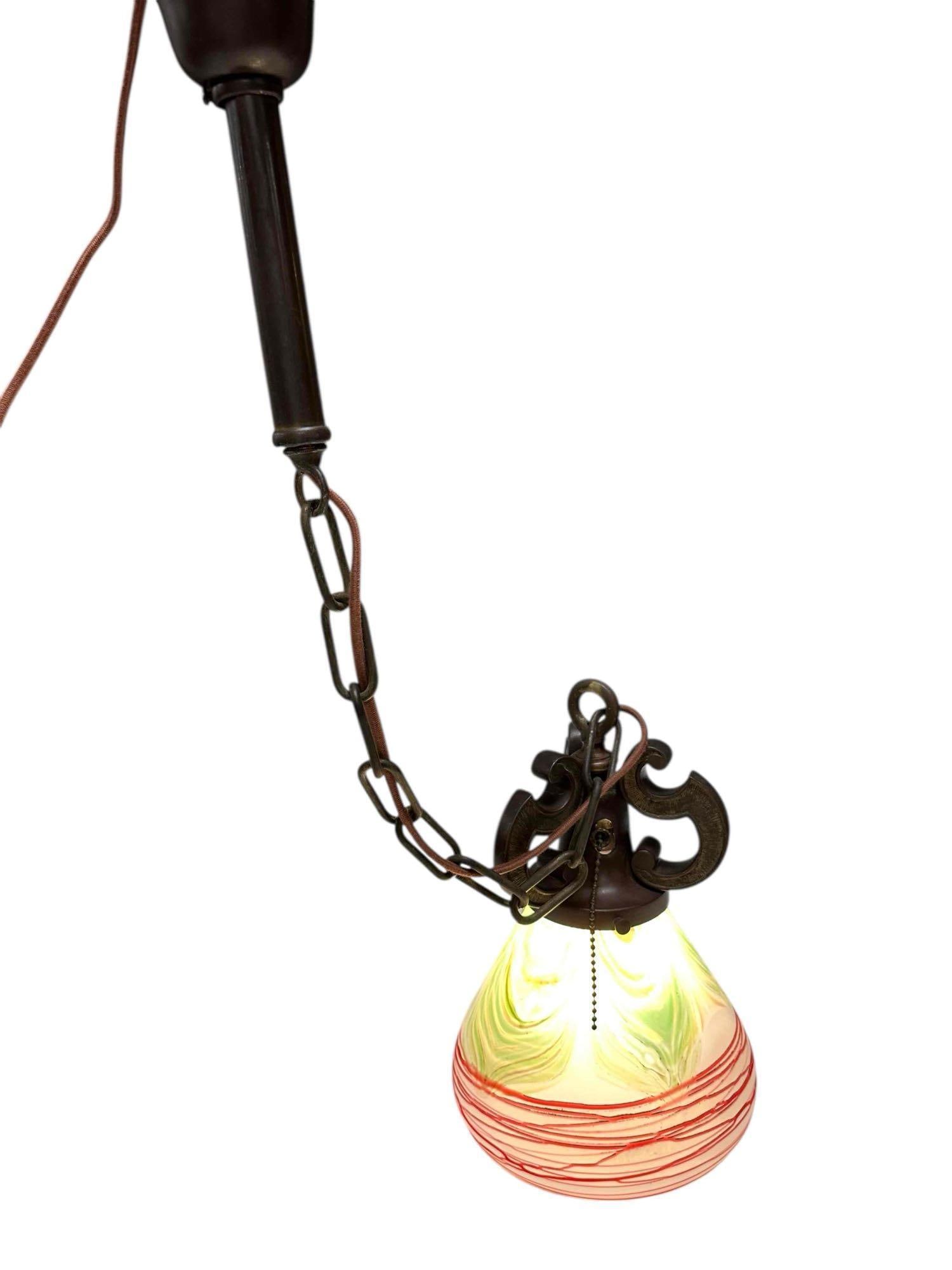 Bronze Hanging Light Fixture with Art Glass Shade - 2