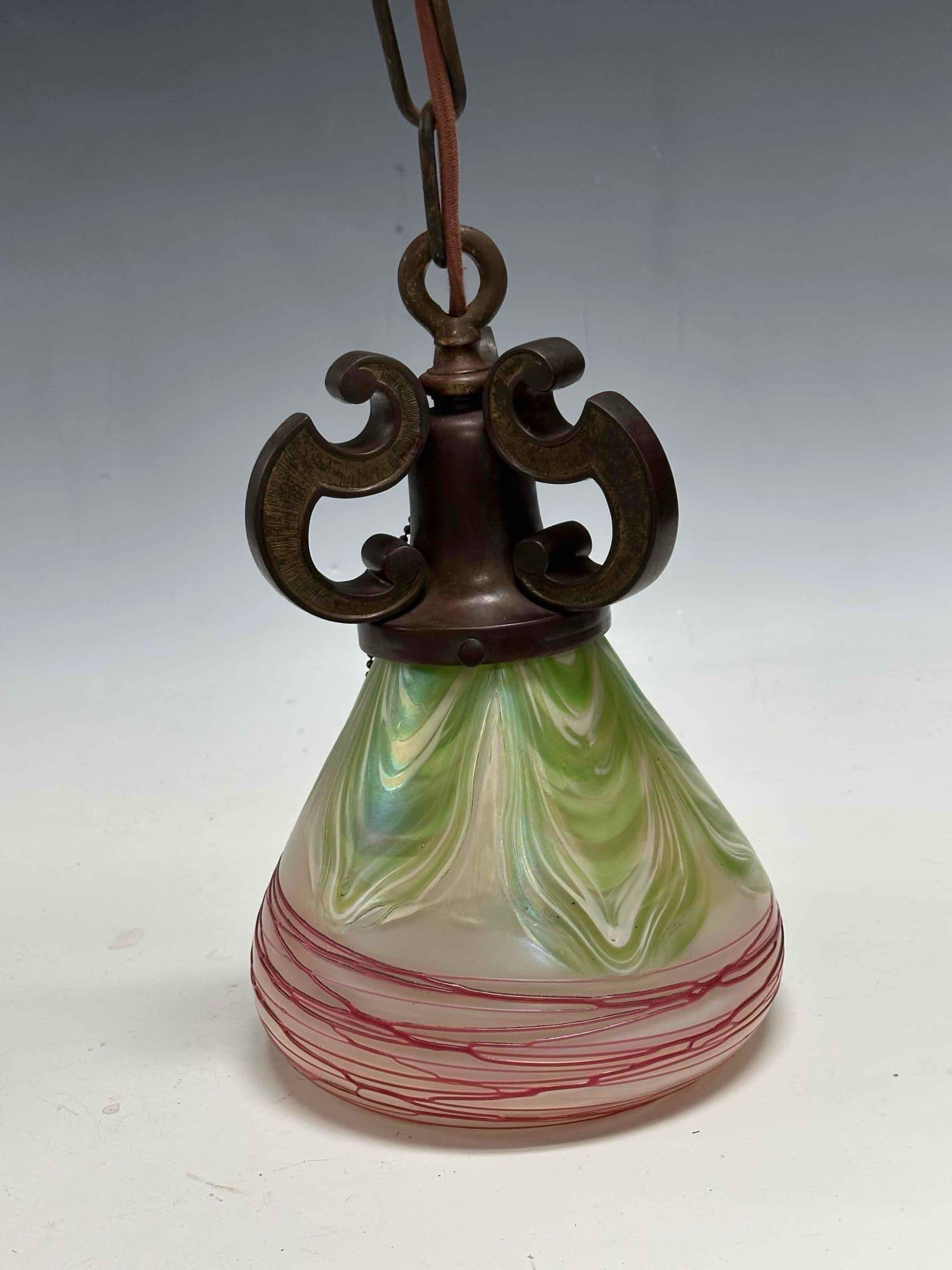 Bronze Hanging Light Fixture with Art Glass Shade - 3