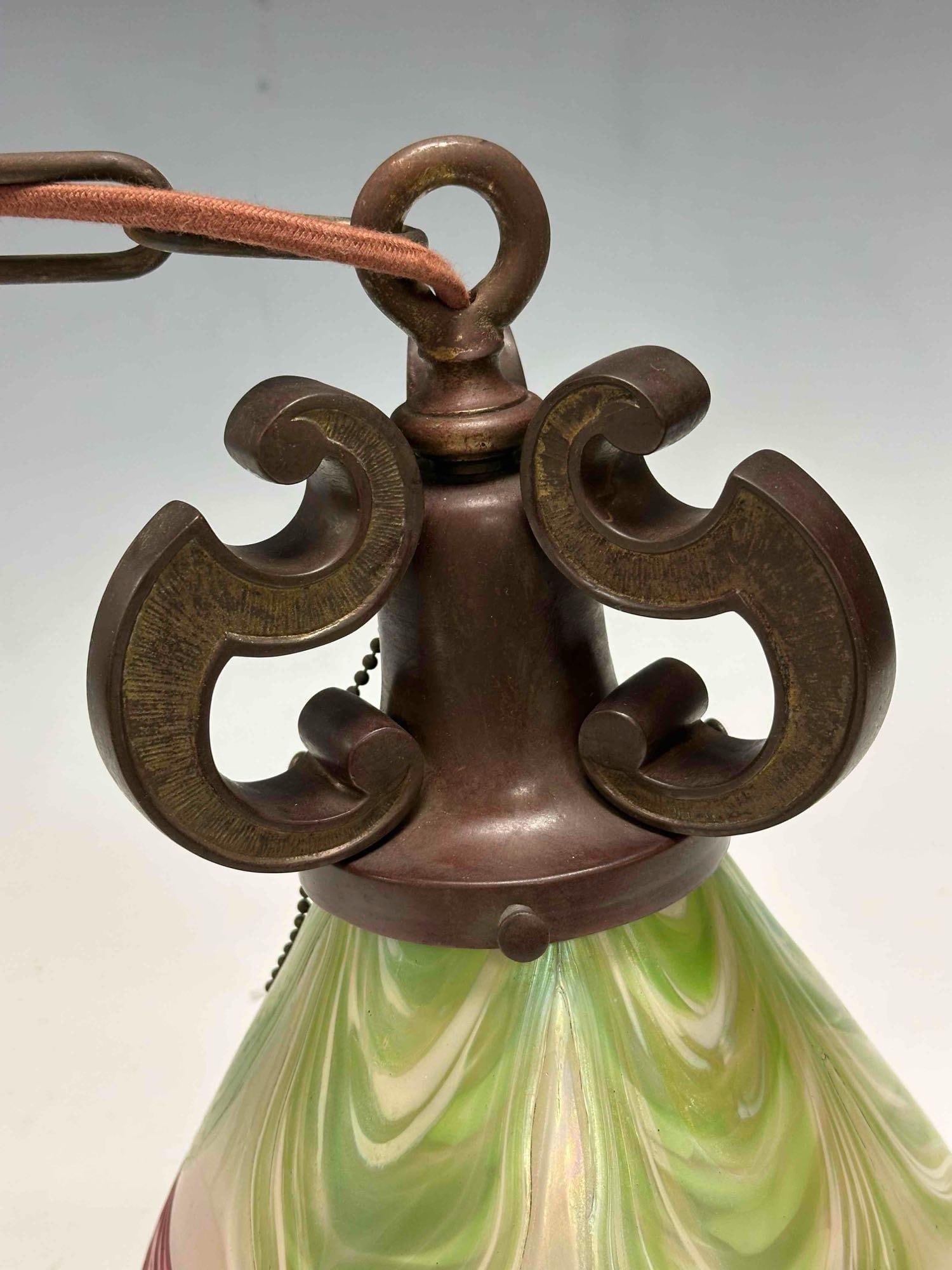 Bronze Hanging Light Fixture with Art Glass Shade - 4