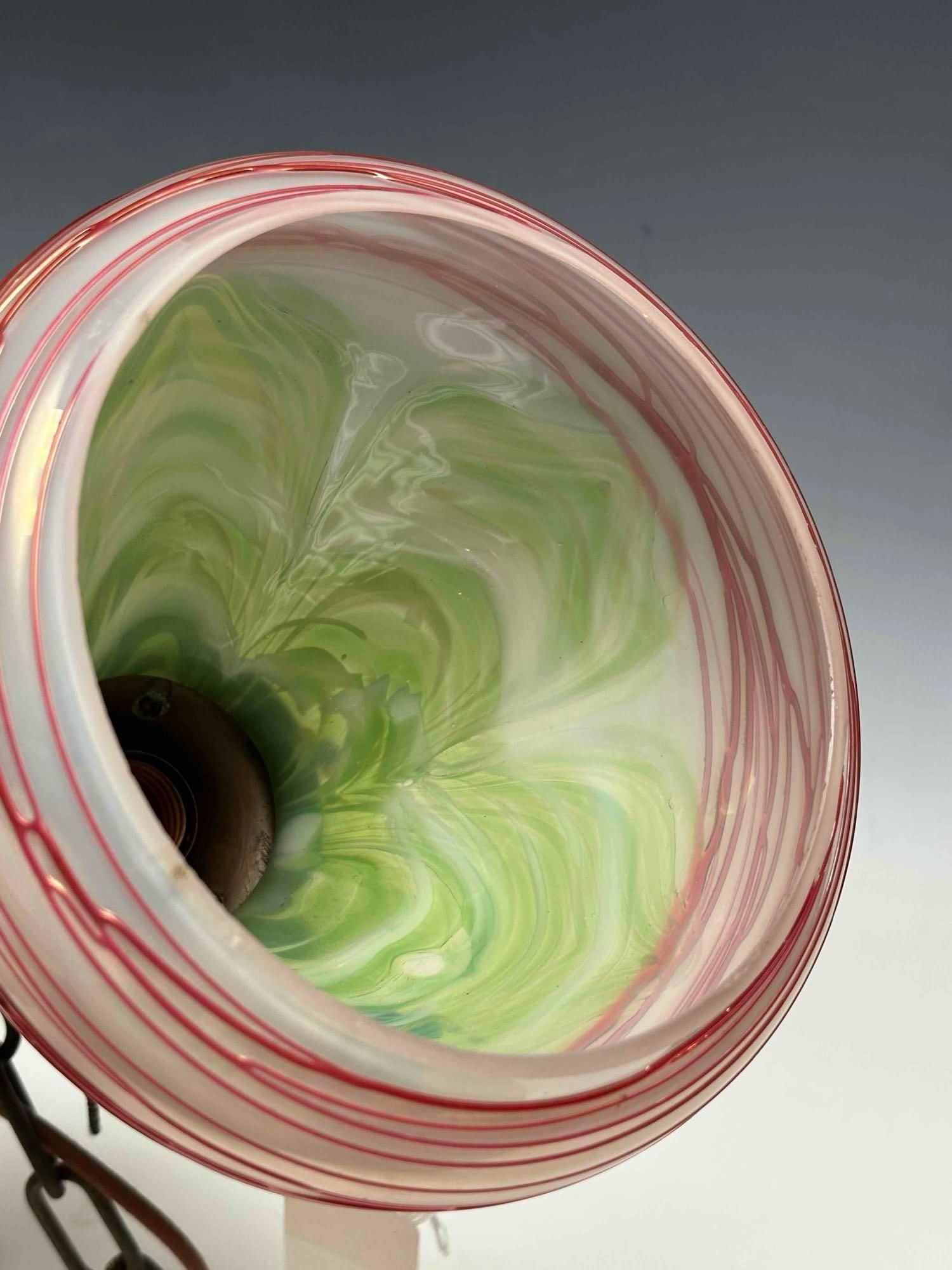 Bronze Hanging Light Fixture with Art Glass Shade - 6