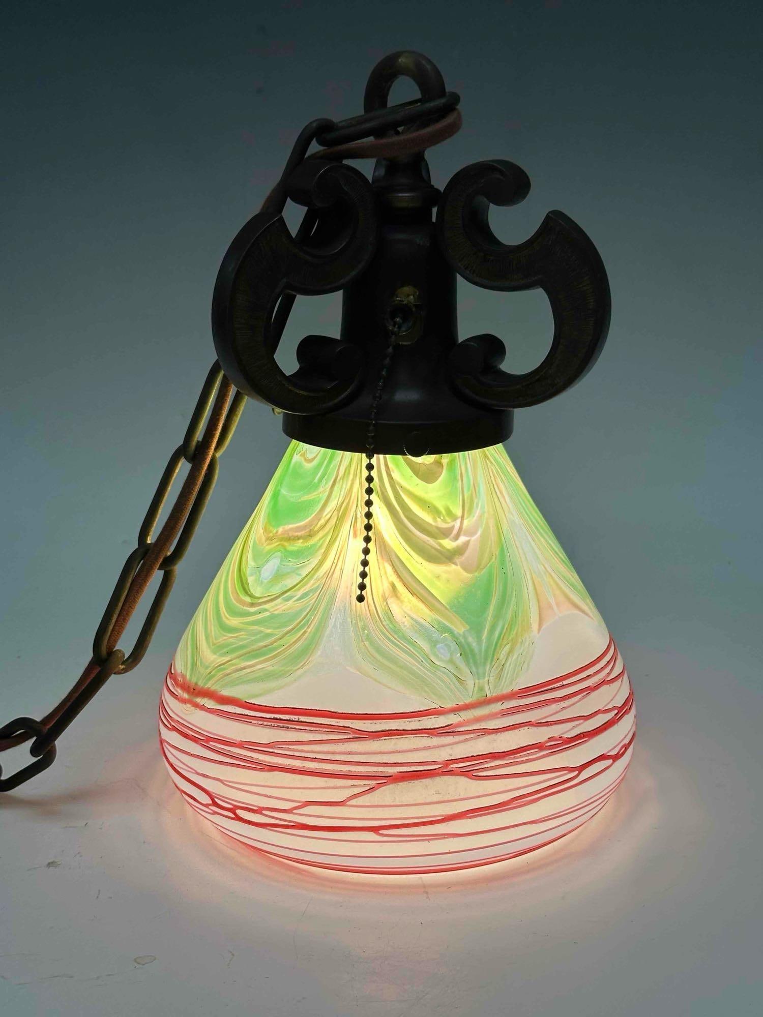 Bronze Hanging Light Fixture with Art Glass Shade - 7