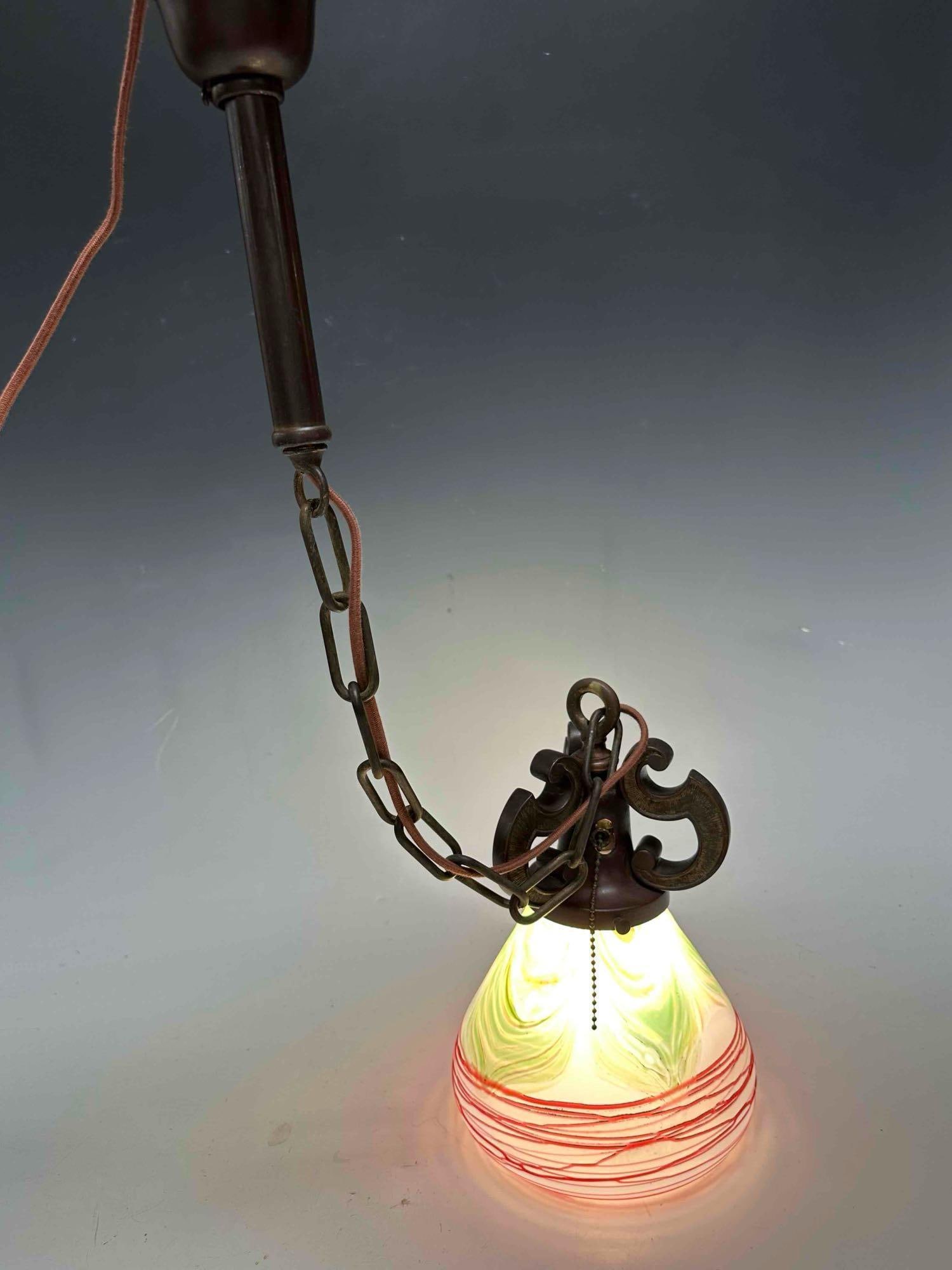 Bronze Hanging Light Fixture with Art Glass Shade - 8