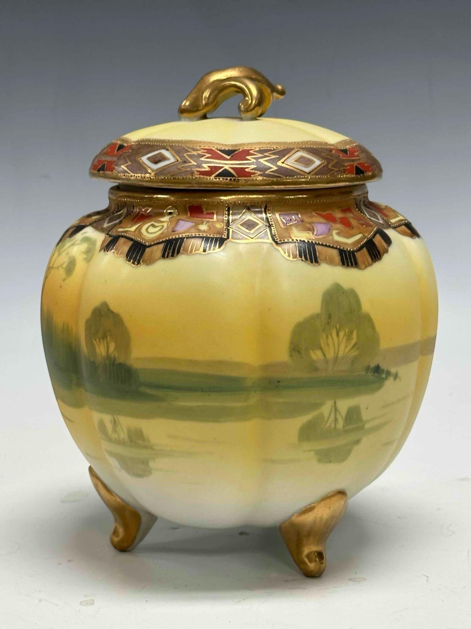 Nippon Hand Painted Porcelain Native American Canoe Biscuit Jar - 10