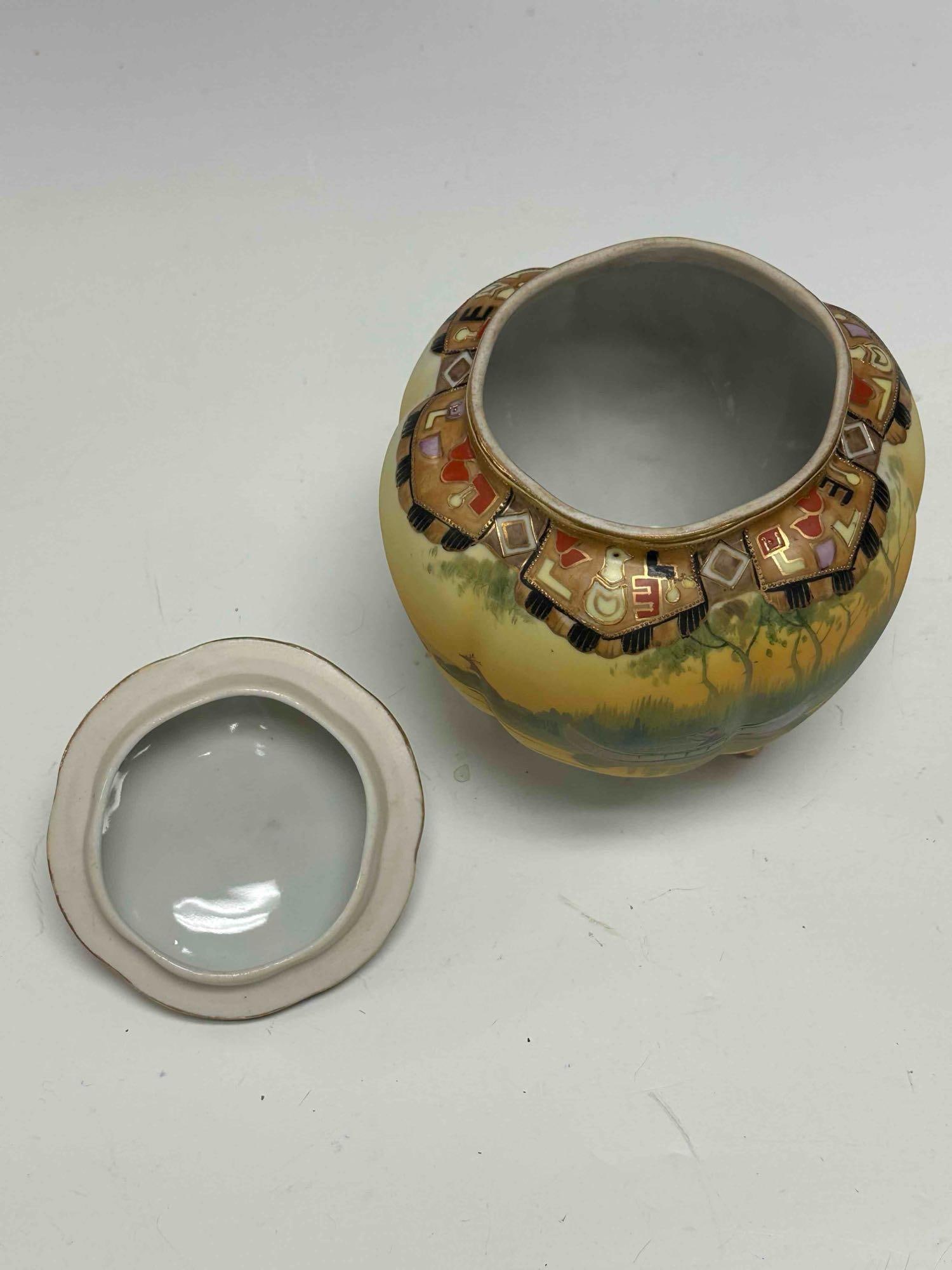 Nippon Hand Painted Porcelain Native American Canoe Biscuit Jar - 12
