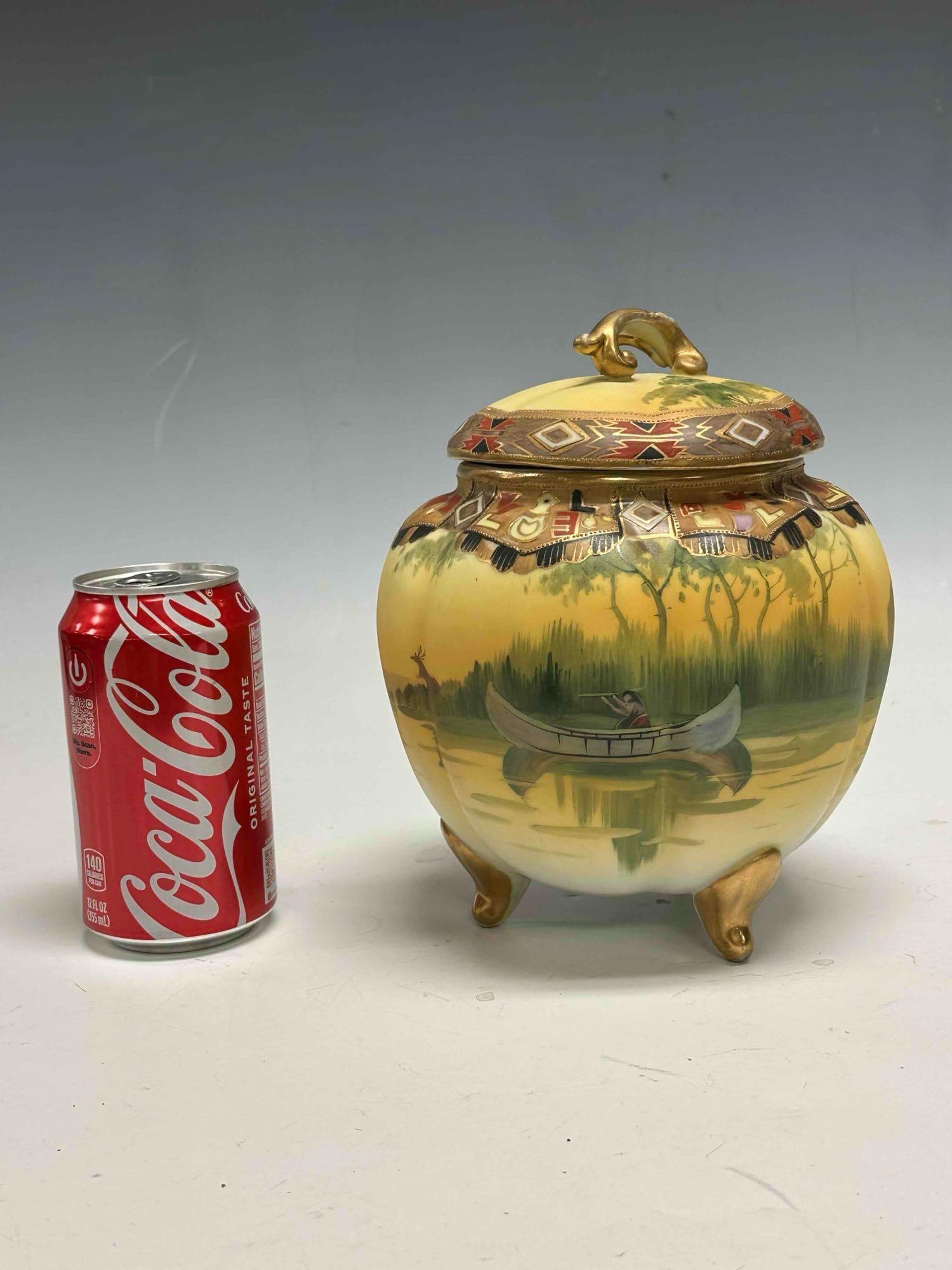 Nippon Hand Painted Porcelain Native American Canoe Biscuit Jar - 14