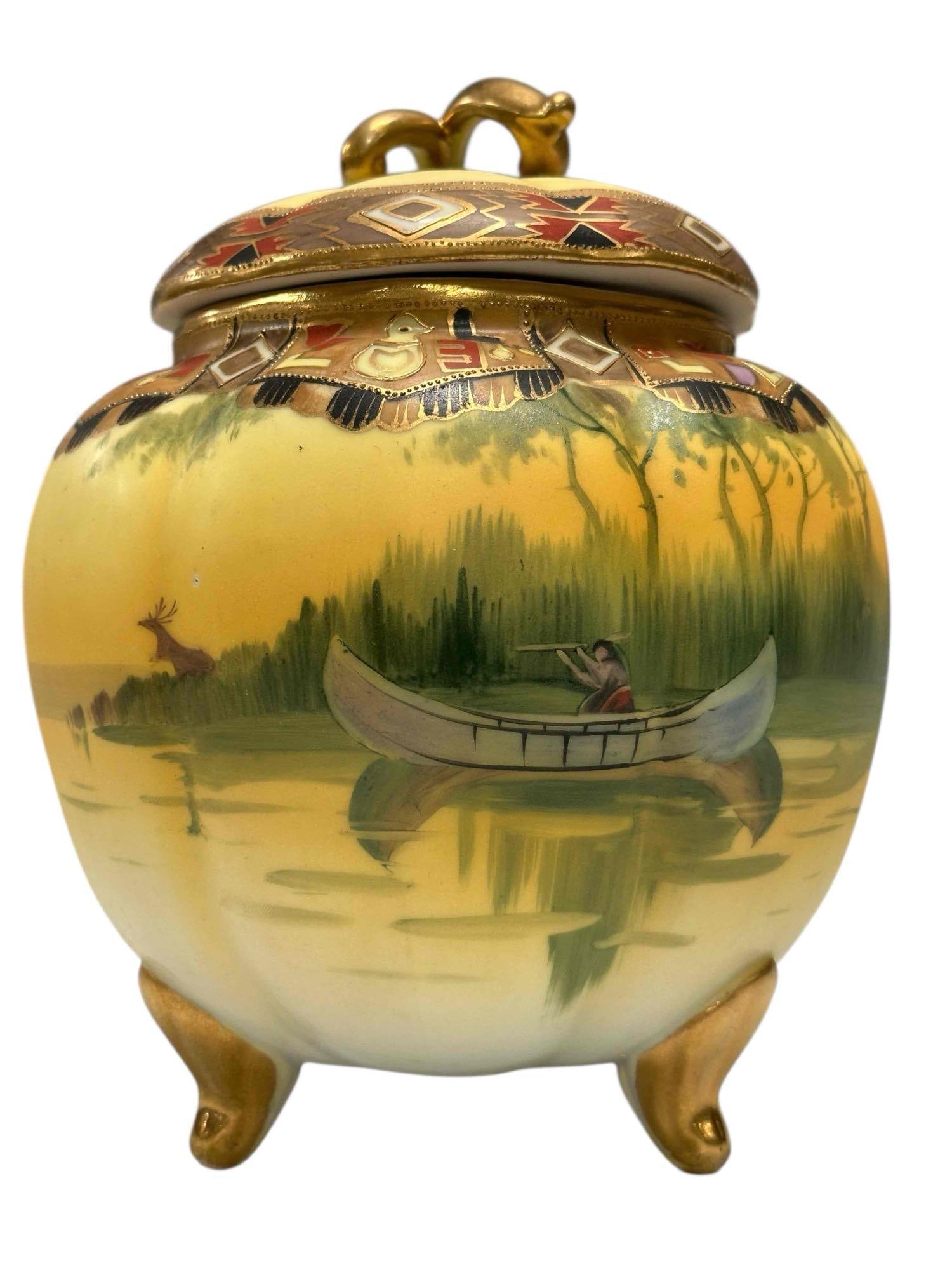 Nippon Hand Painted Porcelain Native American Canoe Biscuit Jar (1 of 16)