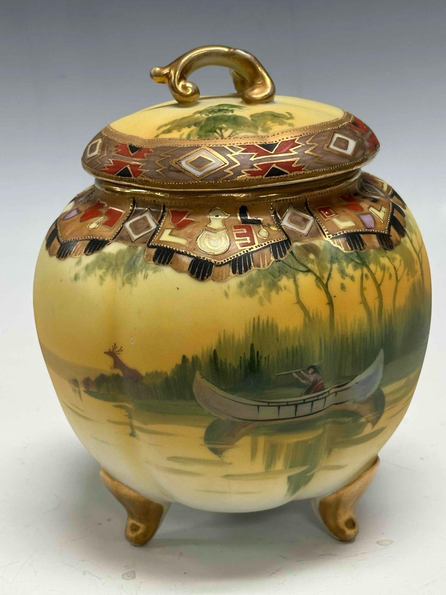 Nippon Hand Painted Porcelain Native American Canoe Biscuit Jar - 6
