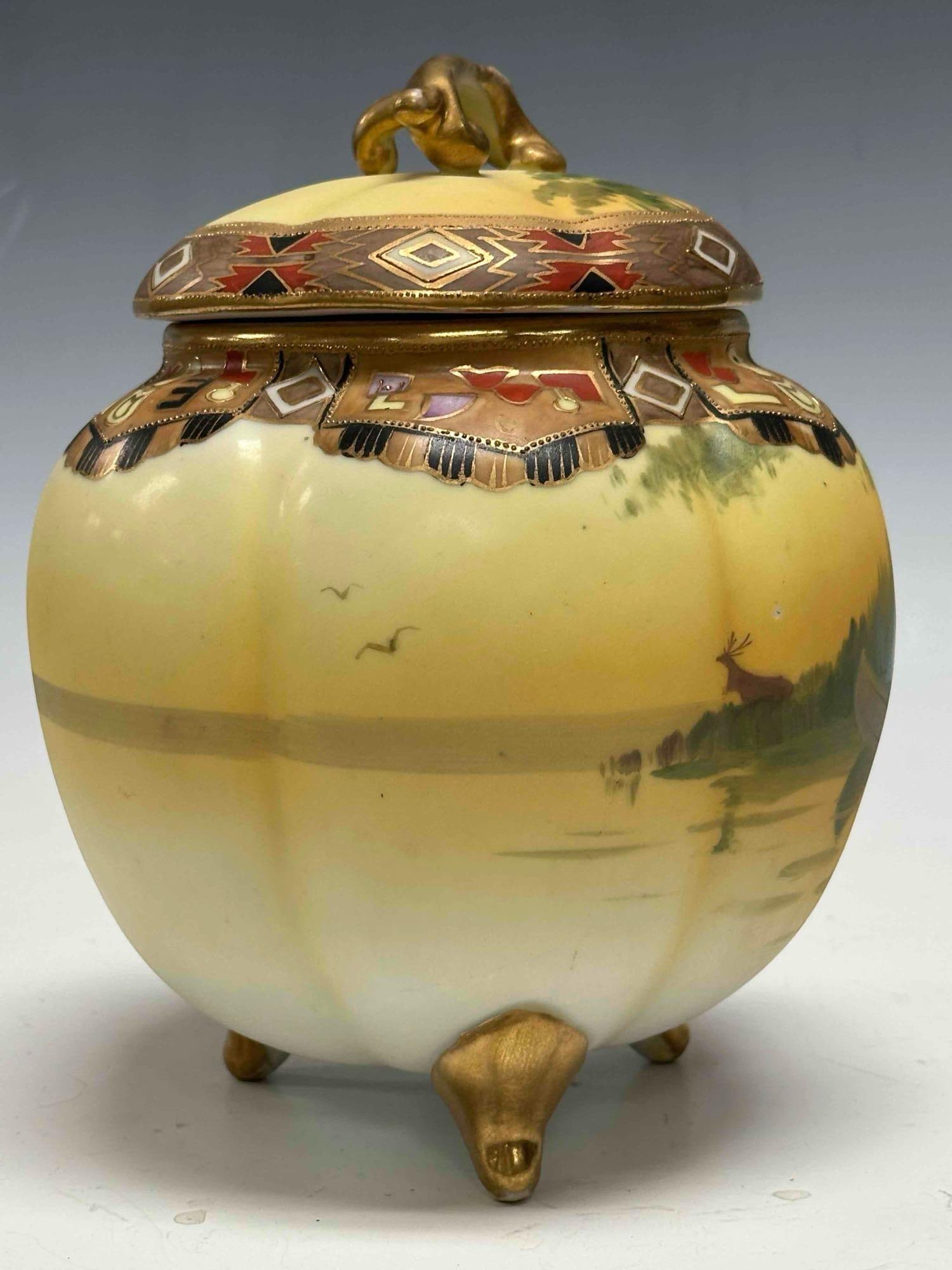 Nippon Hand Painted Porcelain Native American Canoe Biscuit Jar - 7