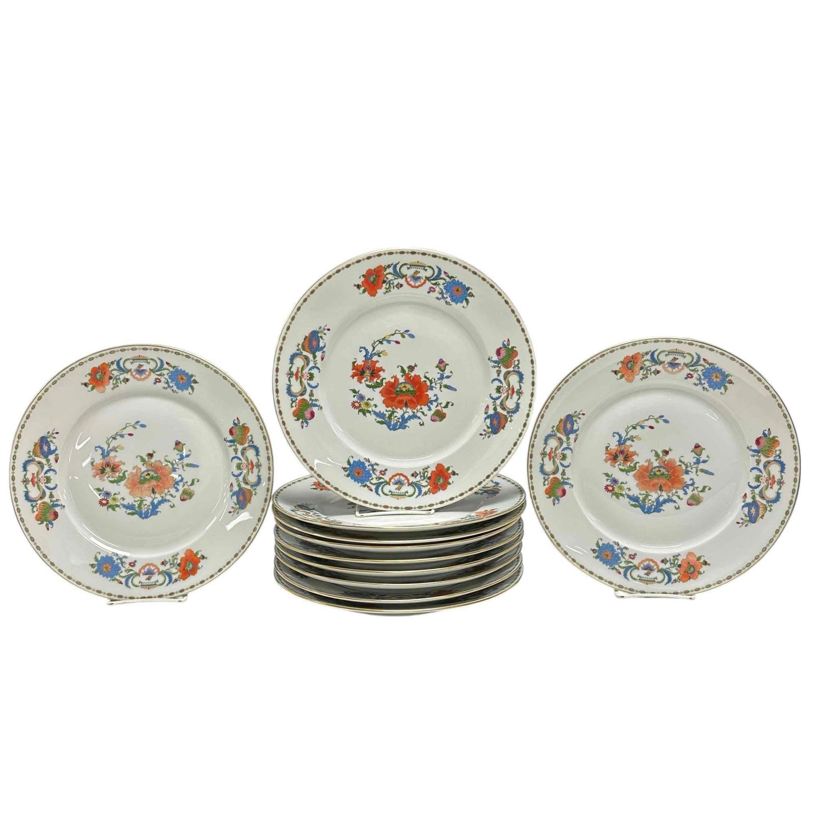 Limoges Ceralene "Vieux Chine" Dinner Plates by A. Raynaud and Cie (12): Late 20th. century Limoges Cerlene "Vieux Chine" fine bone China dinner plates. Having Asian influence with orange, green, yellow and blue decor with fish and birds around rim. Measuring approx. 10.75