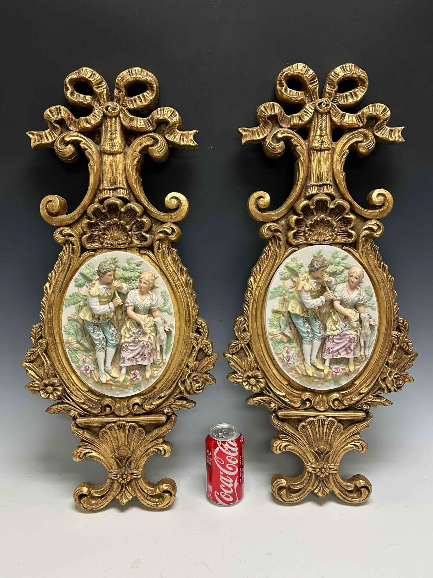 French Provincial High Relief Bisque Figural Scenes Plaques (2) 28" - 8