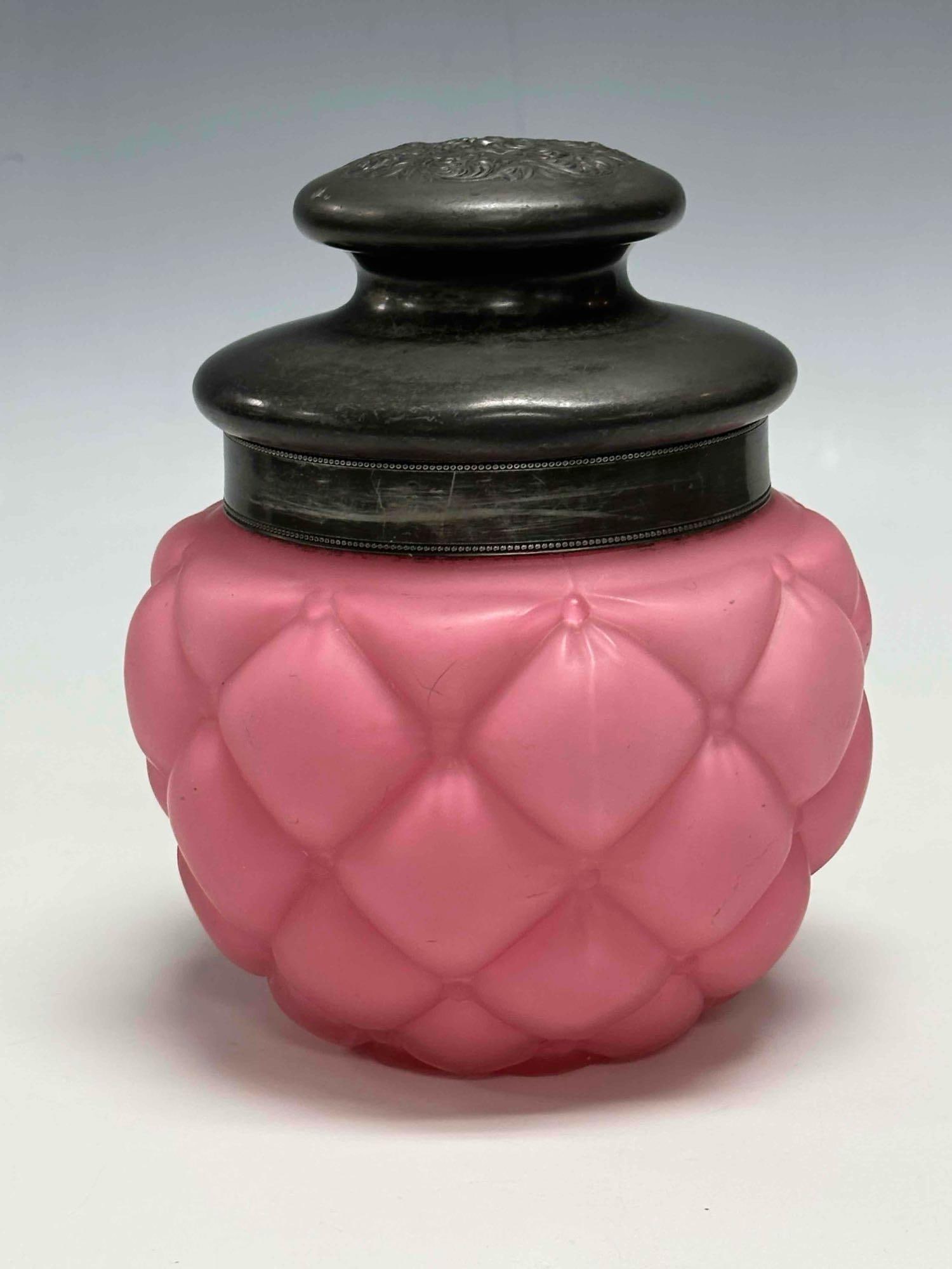 Victorian Pink Satin Quilted Glass Biscuit Jar - 13