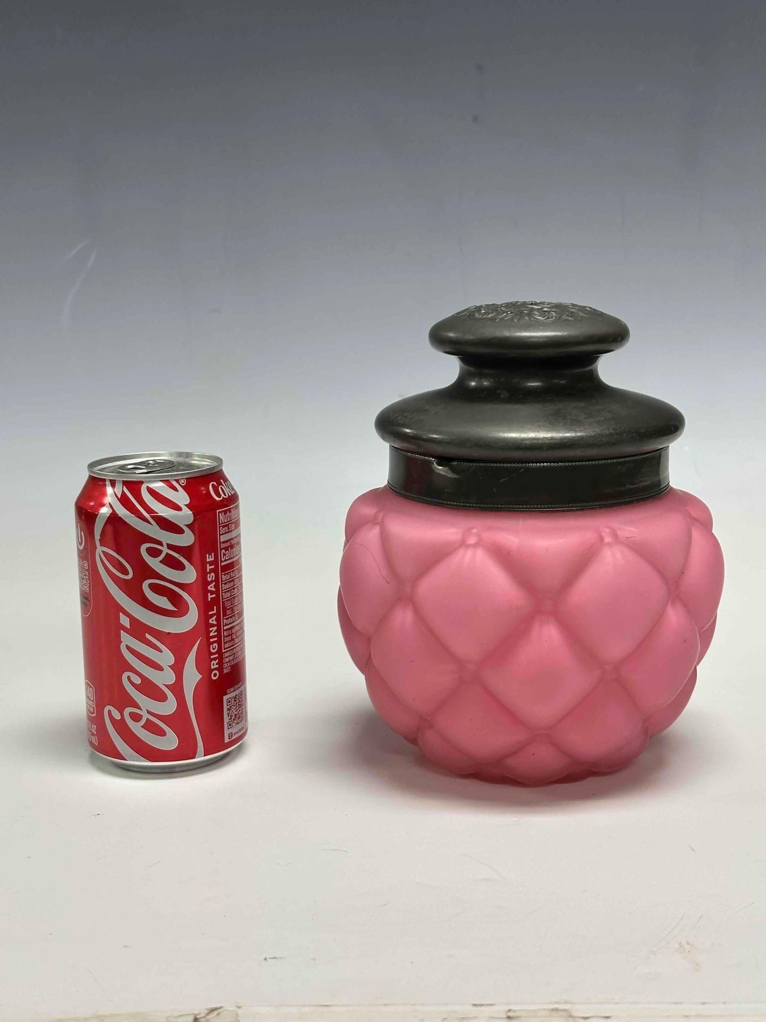 Victorian Pink Satin Quilted Glass Biscuit Jar - 16