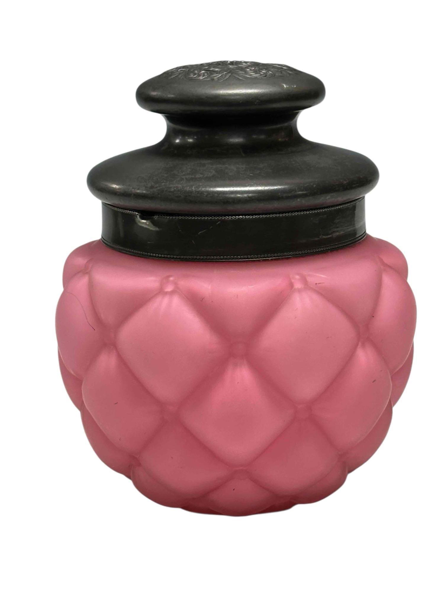 Victorian Pink Satin Quilted Glass Biscuit Jar: Victorian Consolidated Glass Co. Quilted Satin Glass Biscuit Jar. Embossed floral lid. Measuring approx. 7.25" tall. In good age appropriate condition, see photos.