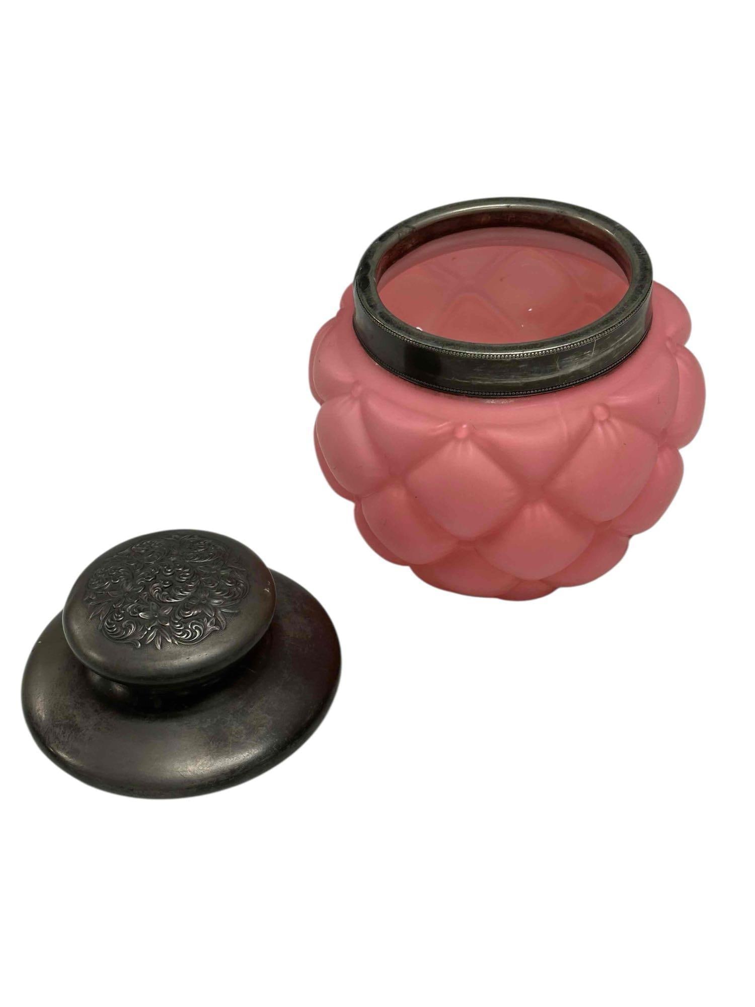 Victorian Pink Satin Quilted Glass Biscuit Jar - 2