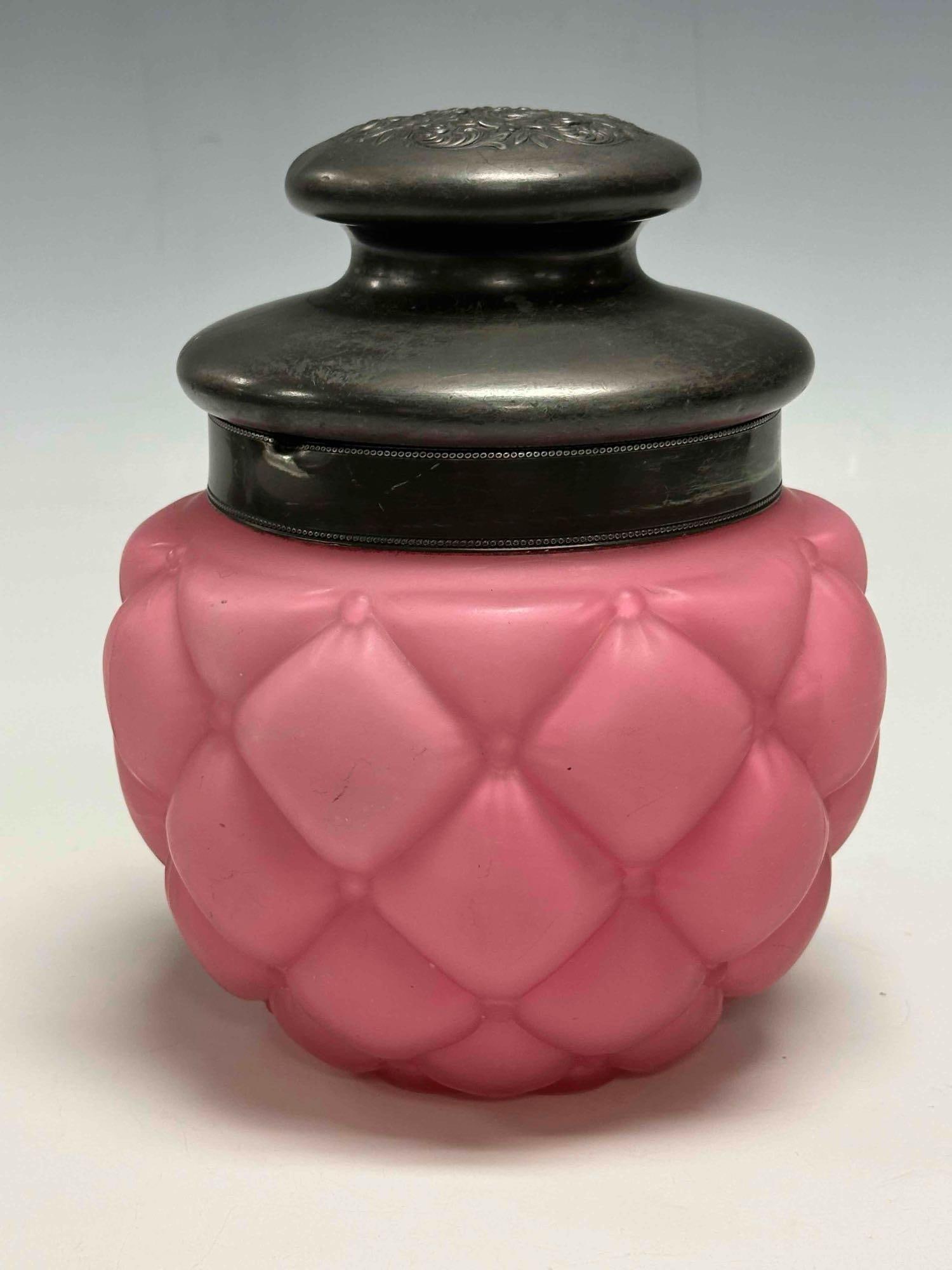 Victorian Pink Satin Quilted Glass Biscuit Jar - 3