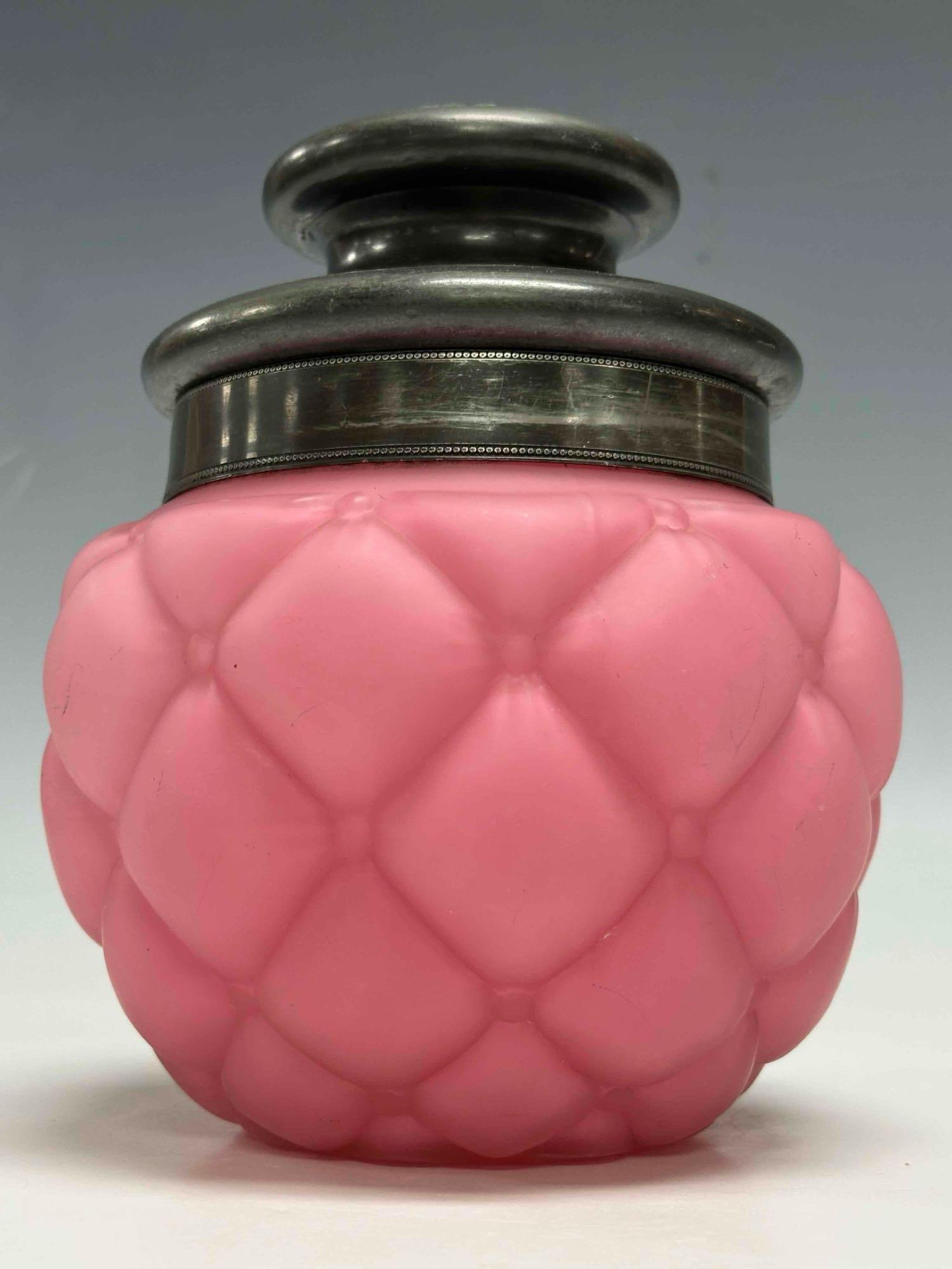 Victorian Pink Satin Quilted Glass Biscuit Jar - 4