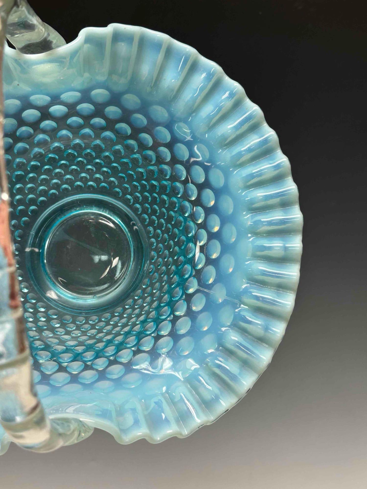 Fenton Blue Hobnail Opalescent Brides Basket - 12