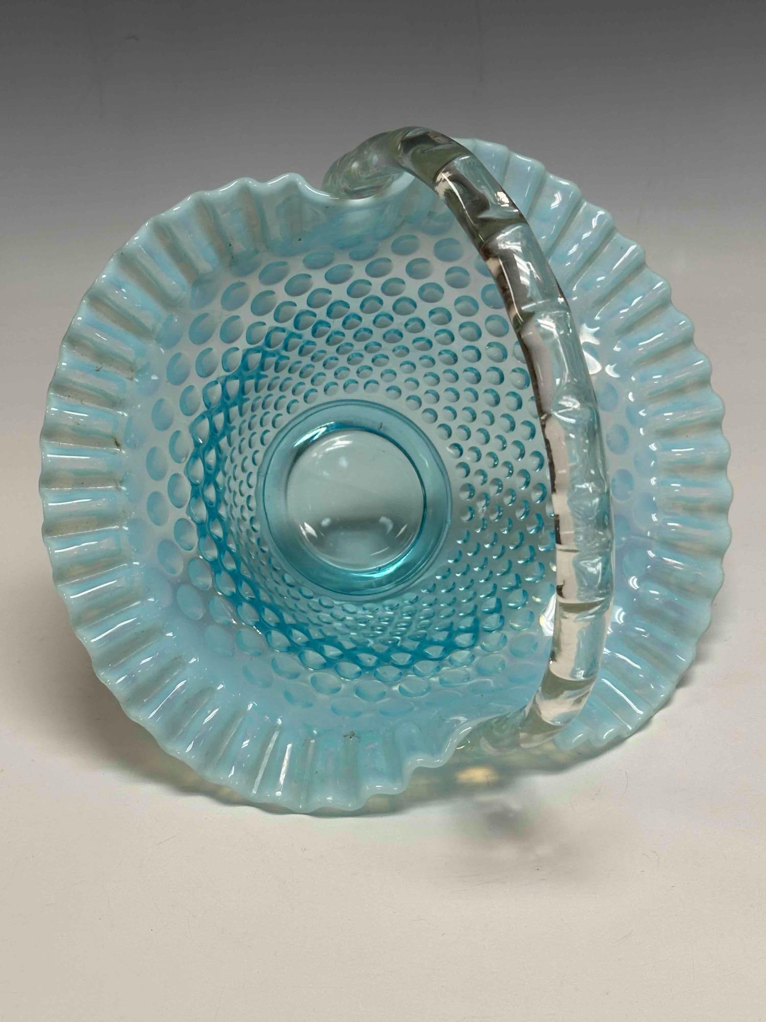 Fenton Blue Hobnail Opalescent Brides Basket - 13