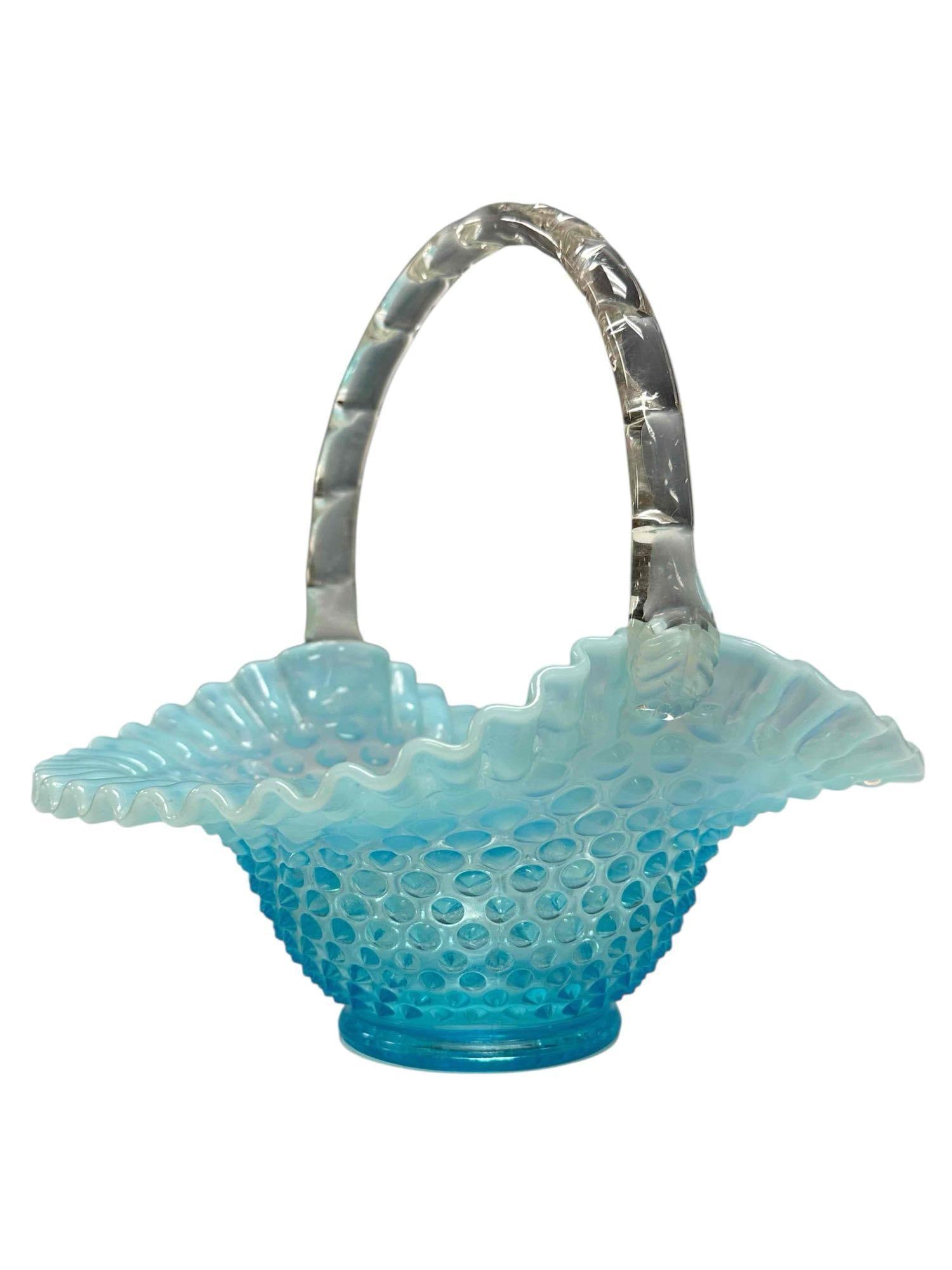 Fenton Blue Hobnail Opalescent Brides Basket - 2
