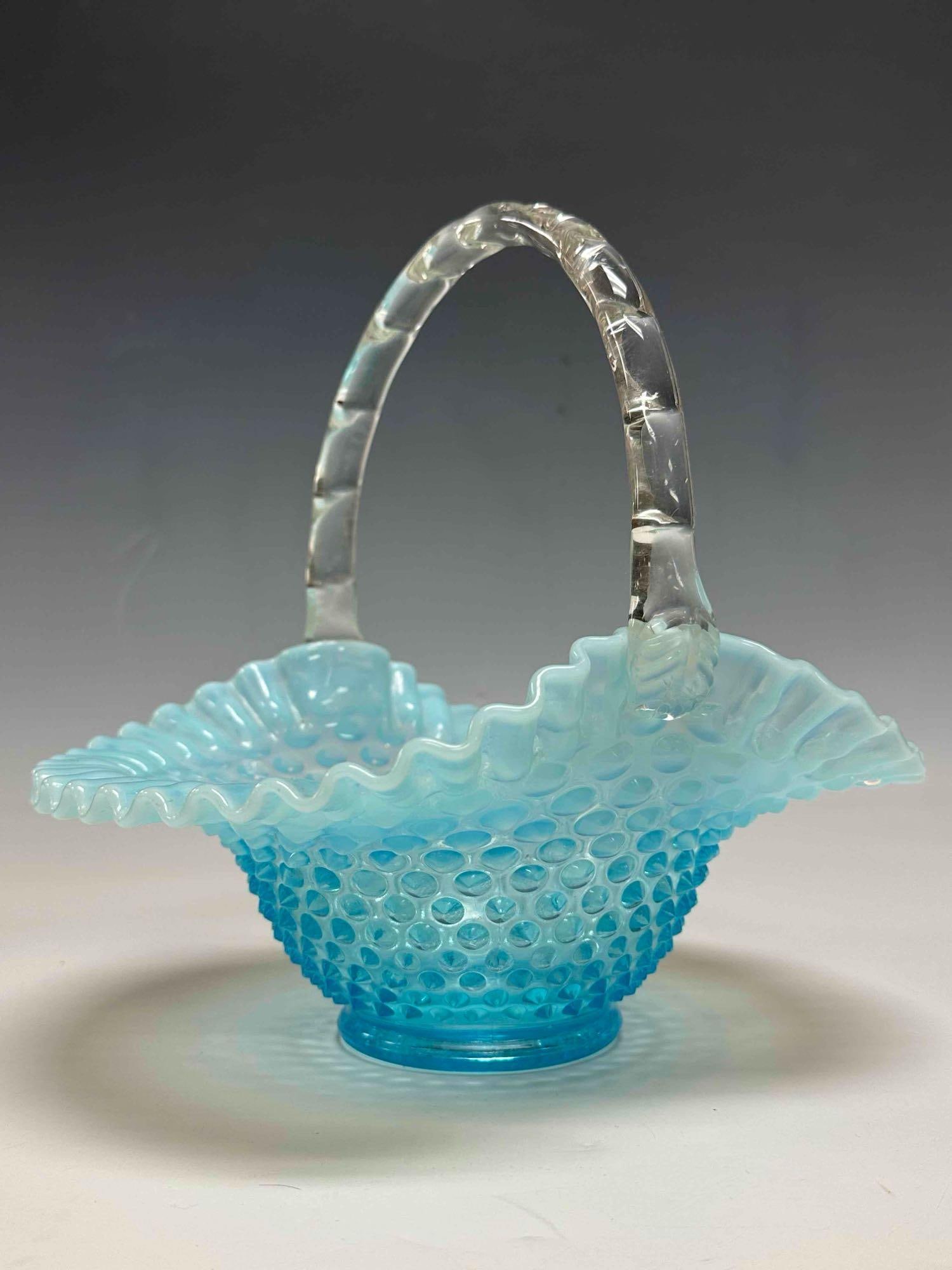 Fenton Blue Hobnail Opalescent Brides Basket - 3