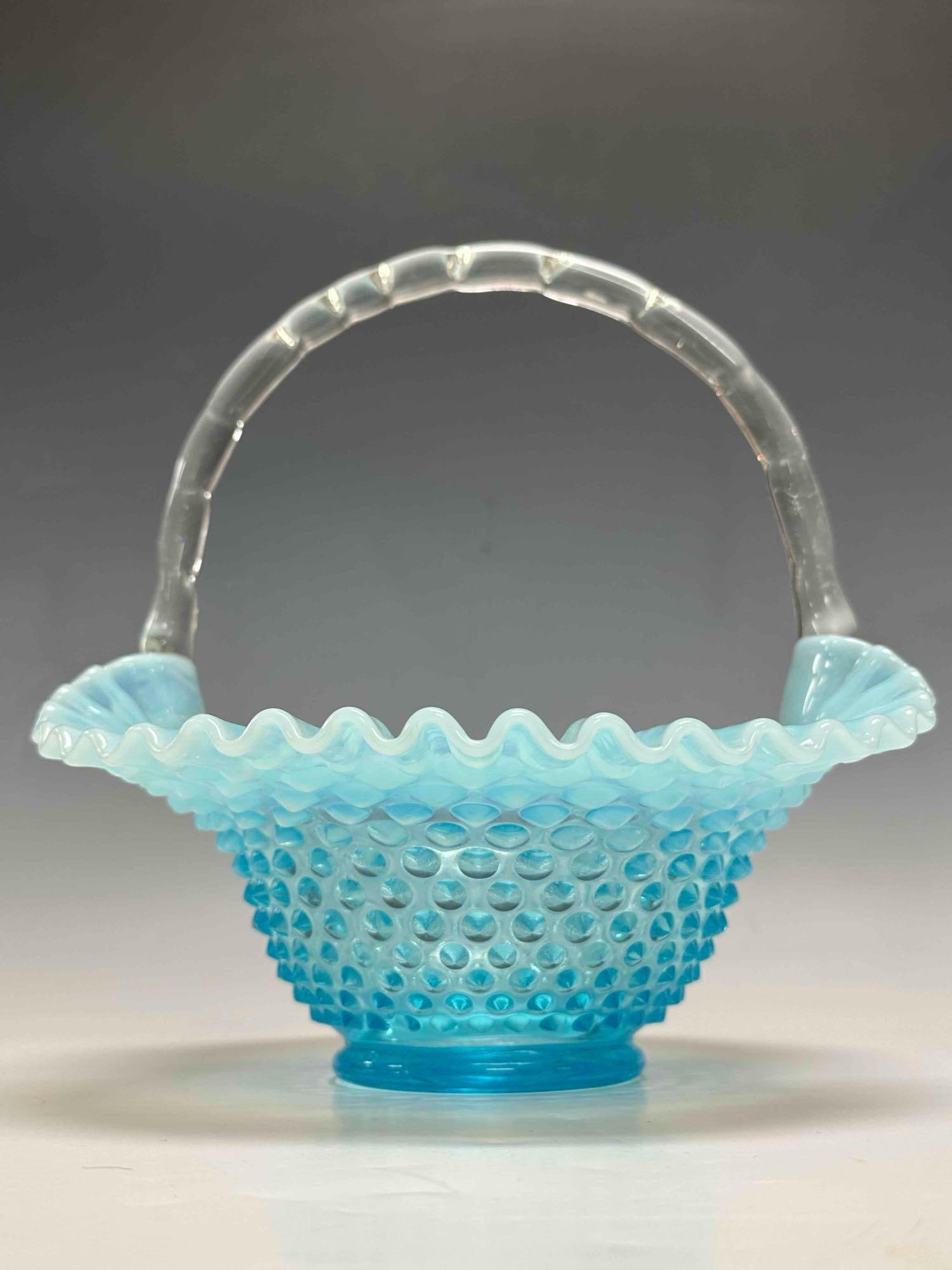 Fenton Blue Hobnail Opalescent Brides Basket - 7