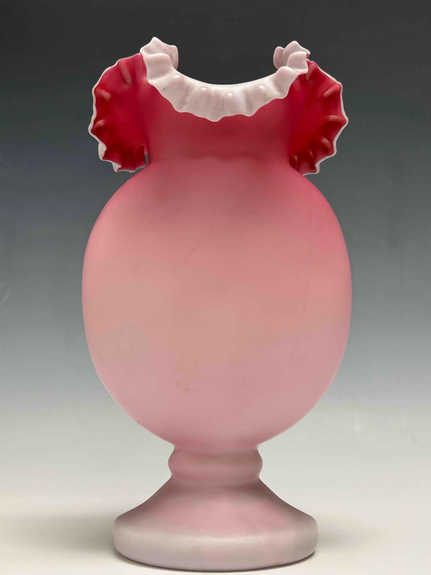Victorian Pink Satin Ruffled Top Glass Vase - 17
