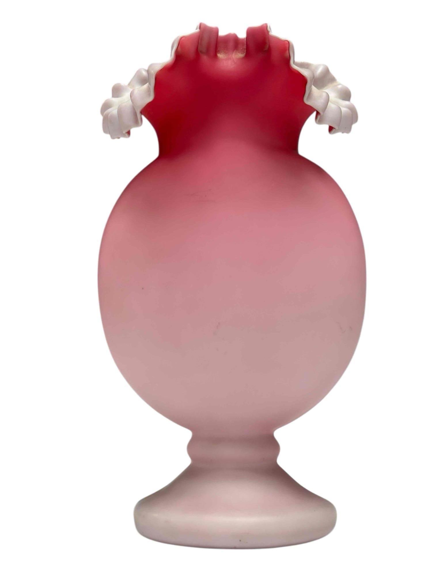 Victorian Pink Satin Ruffled Top Glass Vase: Ruffled top descending pink satin glass vase with white interior. Measuring approx. 10.25" tall. In good age appropriate condition, see photos.