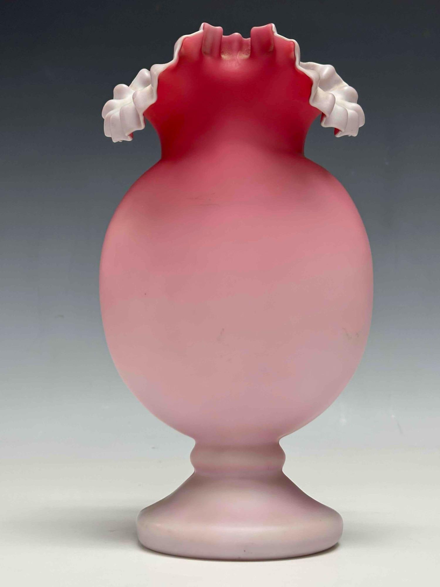 Victorian Pink Satin Ruffled Top Glass Vase - 5