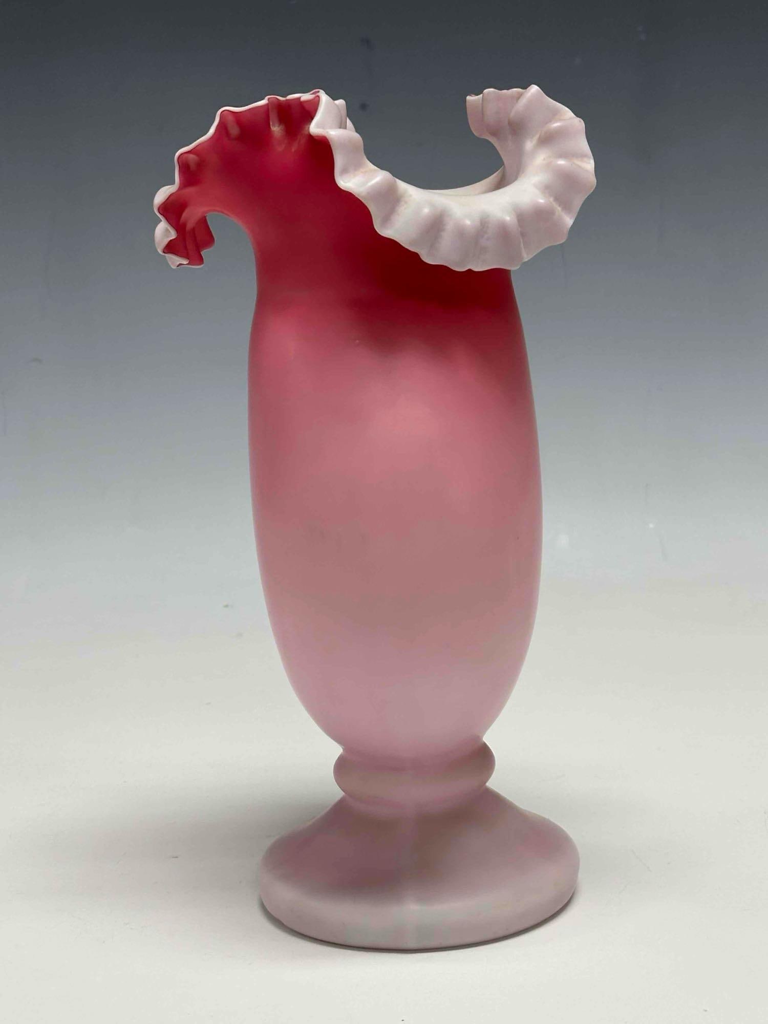 Victorian Pink Satin Ruffled Top Glass Vase - 7
