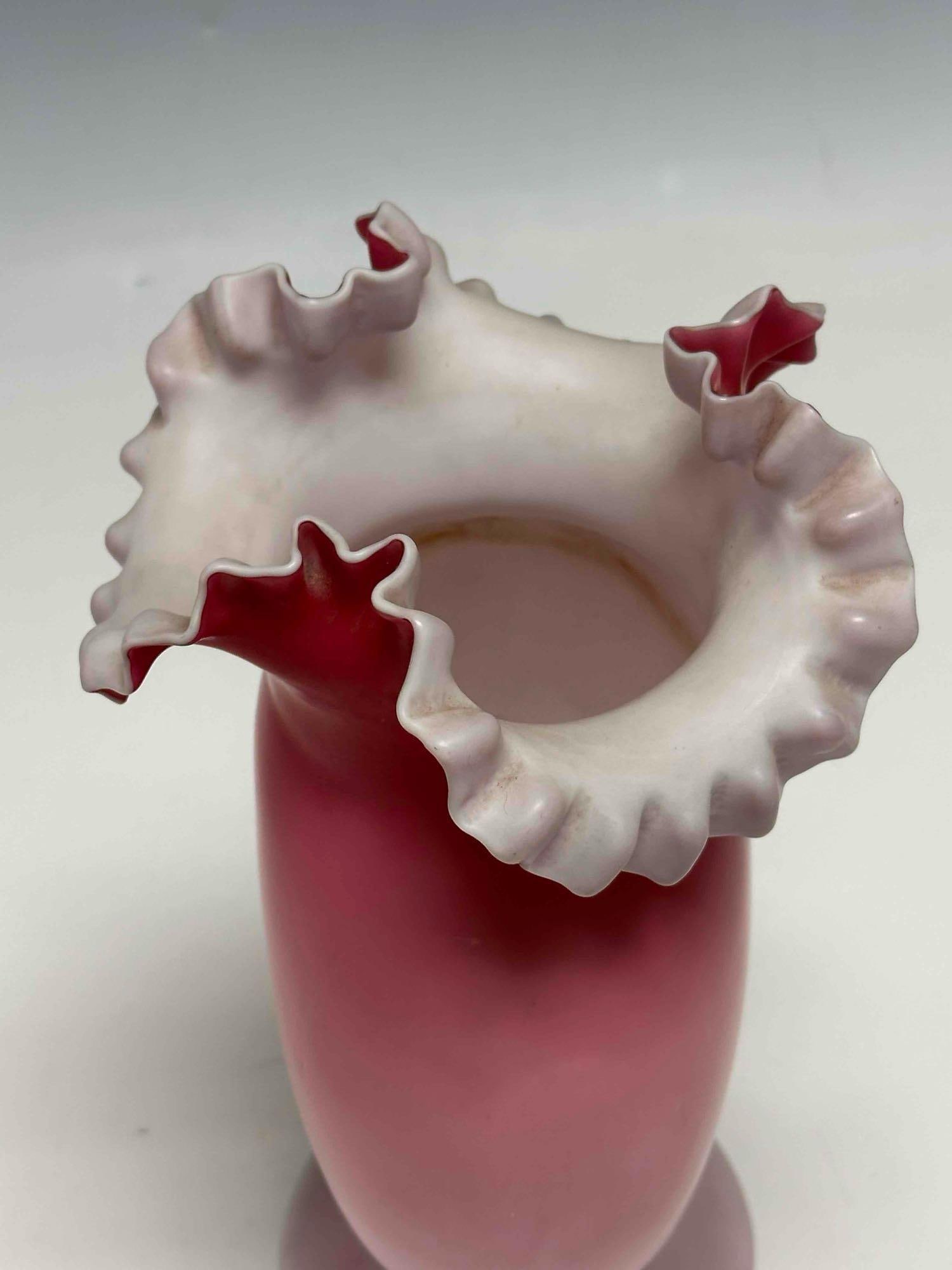 Victorian Pink Satin Ruffled Top Glass Vase - 8