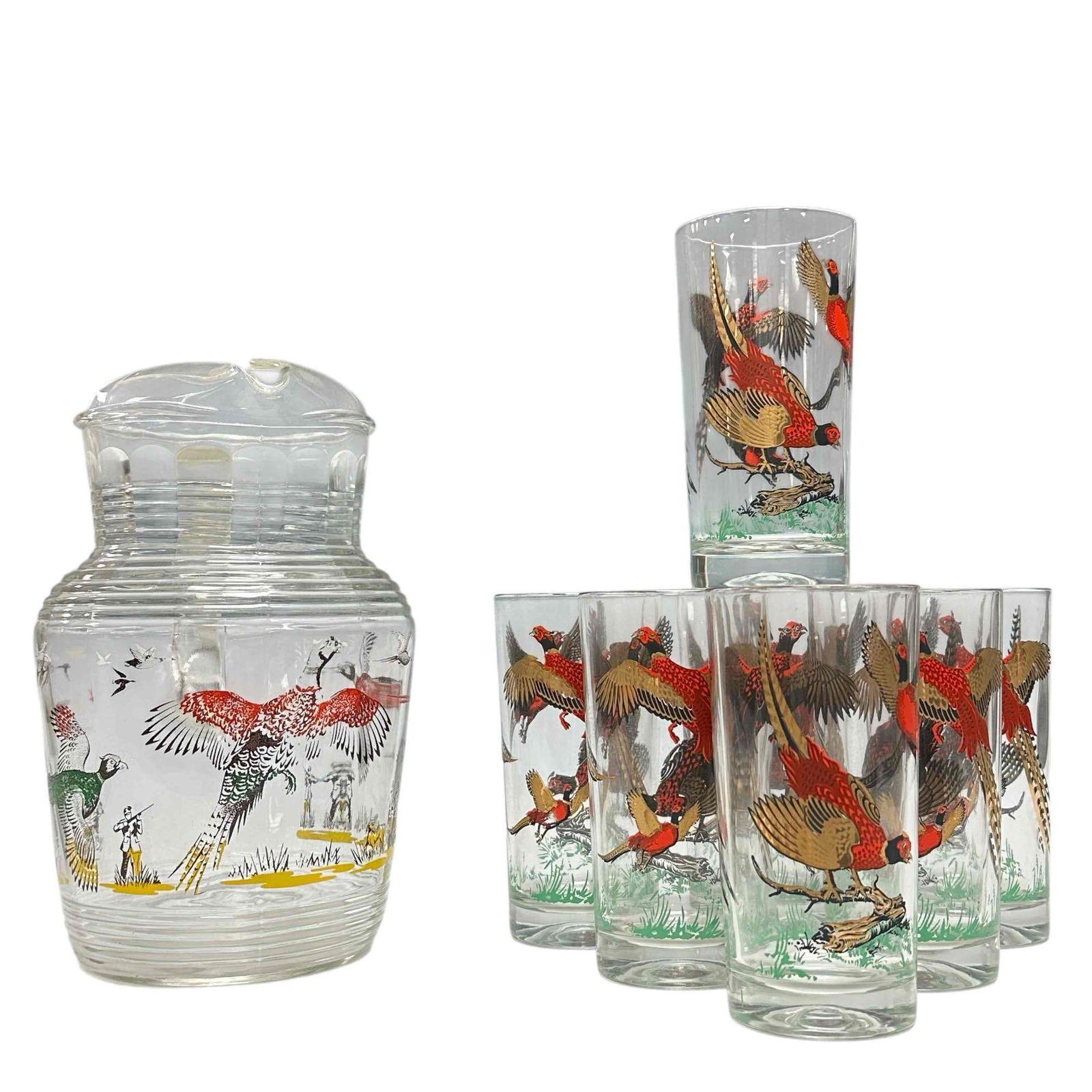 Pheasant and Hunter 8pc Drink Set: Mid century modern designed. Likely Hazel and Atlas glass drink set with pitcher and 7 glass tumbler 6" tall. Good overall, as shown, see photos