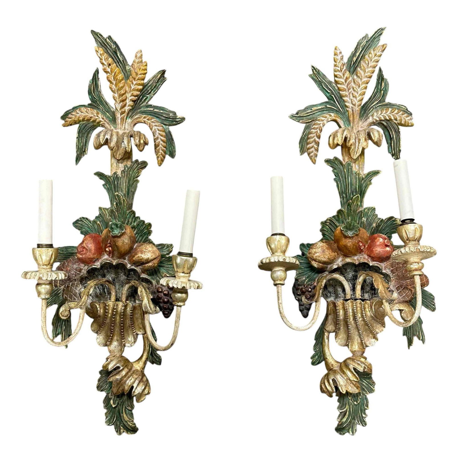 Pair of Italian Hand Painted Neo-Classical Wall Sconces (2): Pair of vintage neo-classical style hand painted Italian wall sconces. Electrified with wheat, pine cones, fruit and foliage decor. Measuring approx. 28" tall. In good age appropriate condition, see p