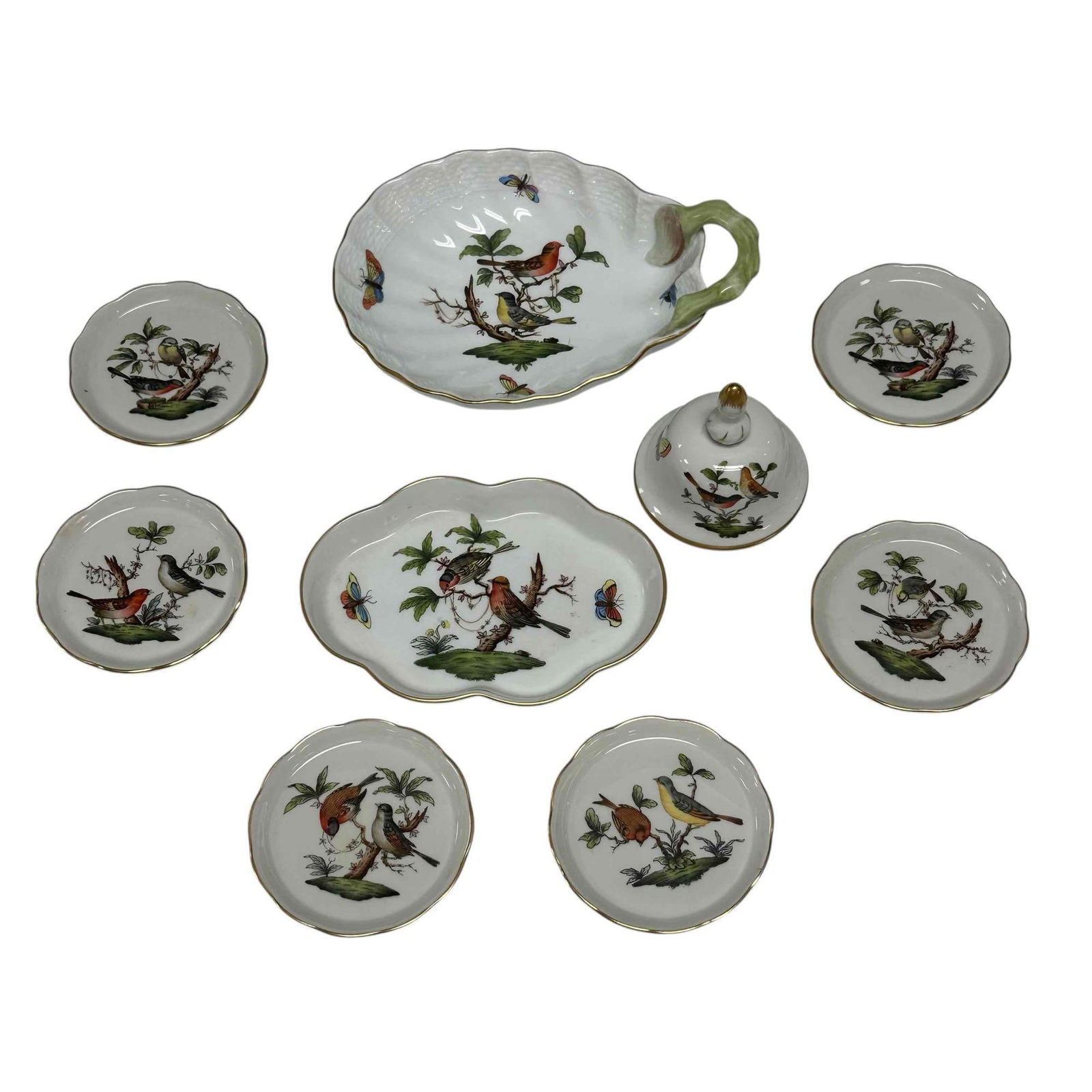 HEREND Rothschild Birds Hand Painted Porcelain Group (9): Herend Rothschild Birds Hungry hand painted porcelain includes; scalloped tray 5.5", bell 2.75" tall, six coasters 3.25" diameter and and leaf dish/candy dish 7" long by 5" wide by 2" tall. In good co