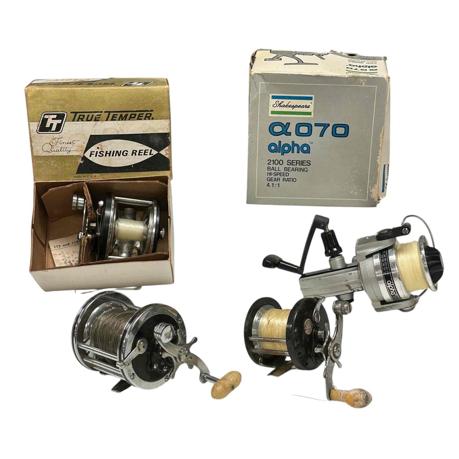 Vintage Big Game Deep Sea Fishing Reels (4): Includes; True Temper 112D deep sea and lake trolling reel in original box, Ocean City 981 reel, Penn Senator 3/0 saltwater reel and Shakespeare Alpha 2100 spinning reel in original box. See photos fo