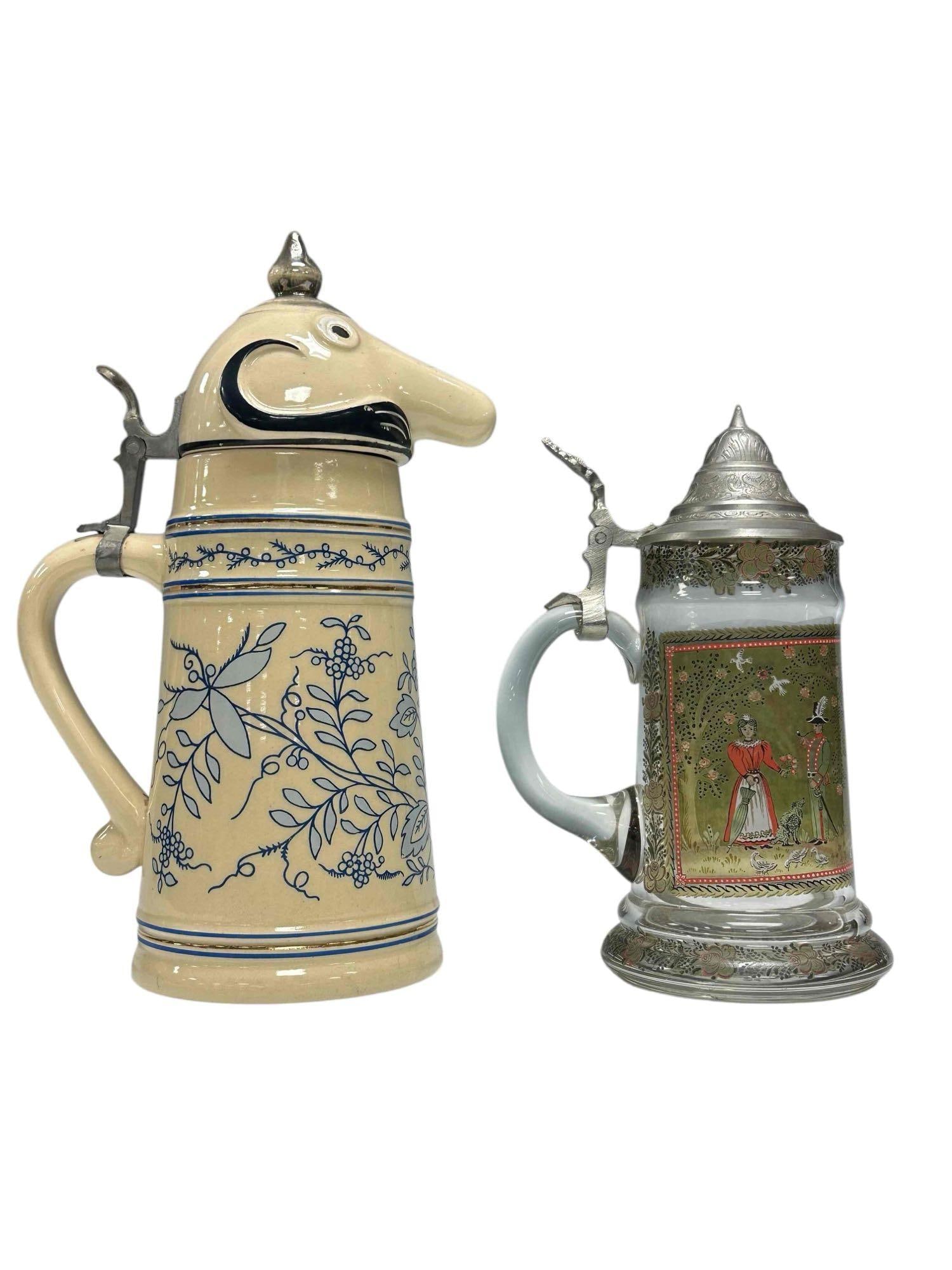 Vintage Glass and Ceramic Beer Steins (2): Large Utcia Club :Schultz" big nosed mustached character glazed pottery stein by WEBCO 11.5" tall paired with a BMF West German glass stein with a pewter lid depicting traditionally dressed folks amon