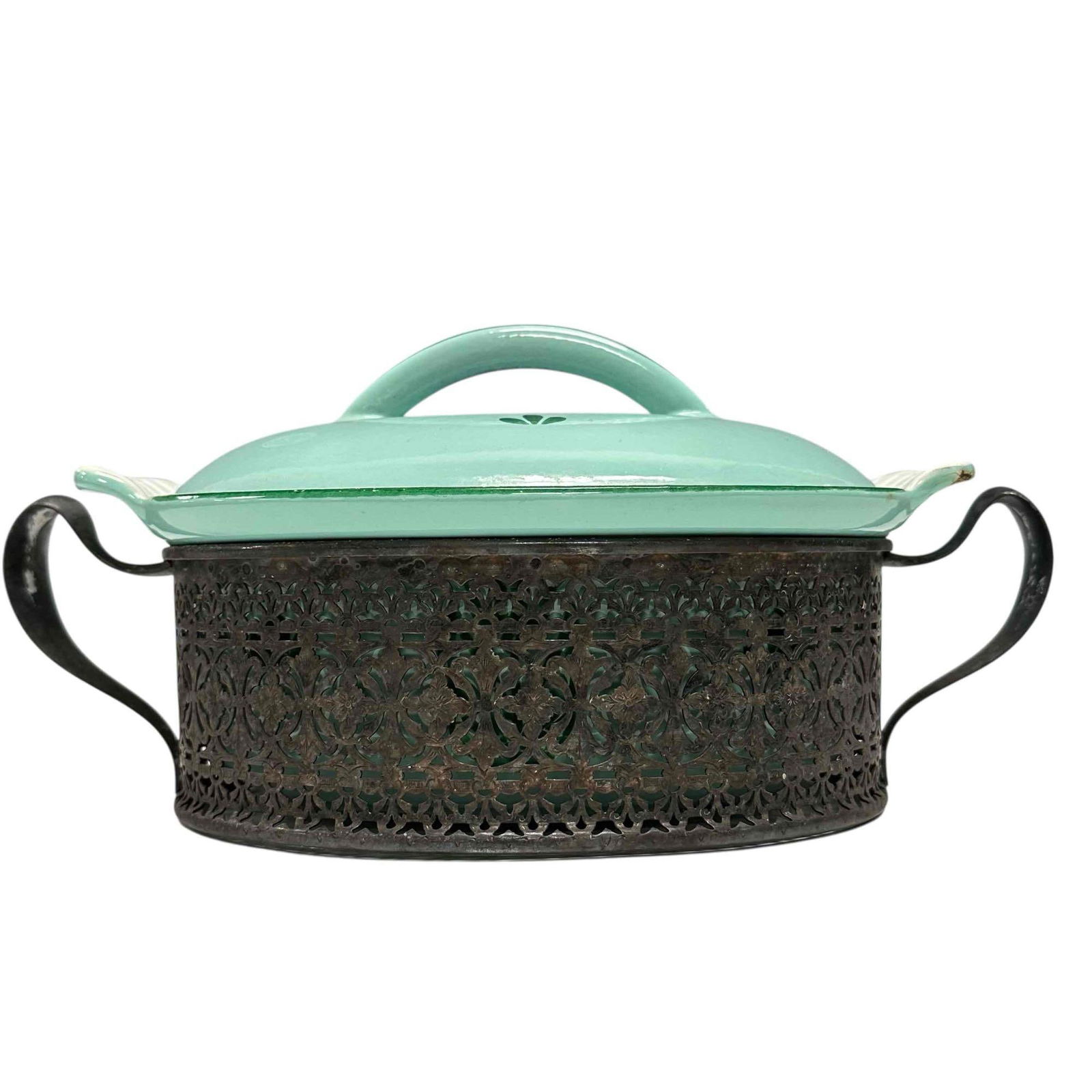 DRU Holland Enameled Cast Iron Mint Tulip Dutch Oven: Vintage Dru Holland enameled cast iron casserole dish or Dutch oven. In mint green with tulip decor and seated in Sheffield silver plate handled frame. Measuring approx. 9.25" wide 11.5" wide frame. I