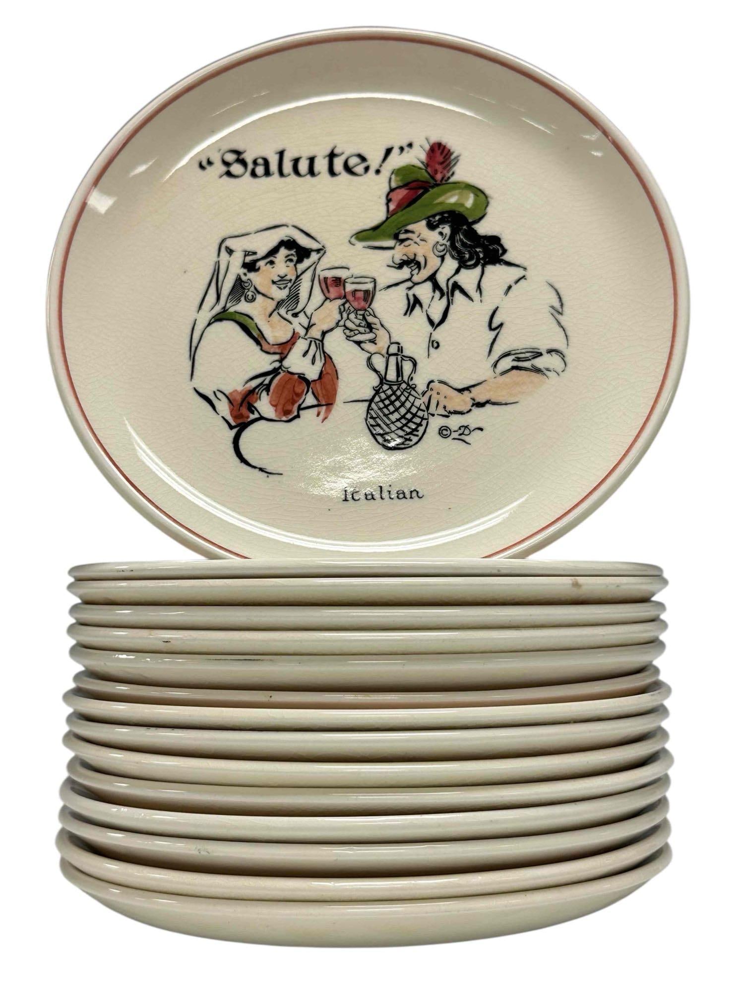 Vintage "Toasts" Bar Snack Plates International (15): Fun mid century series of fifteen bar snack plates depicting people of different countries toasting one another in their own native languages. Made by The Bristol Pottery in England. Measuring approx.