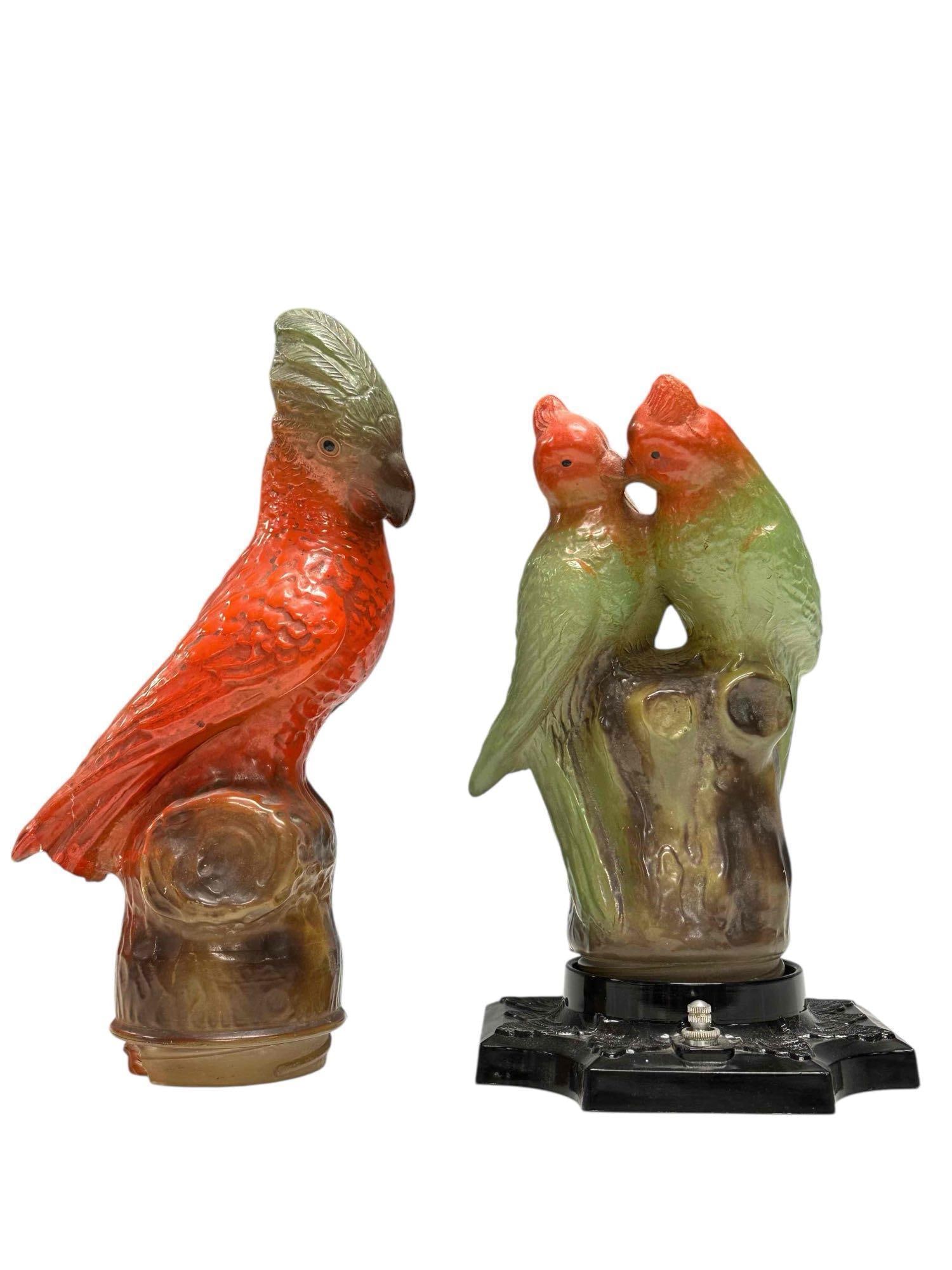 TIFFIN Glass Art Deco "Lovebirds" & Parrot Lamp and Shade (2): 1920's Tiffin Glass figural "Lovebirds" table lamp 10.25" tall on square black metal base and Tiffin Parrot lamp shade 12" tall with broken tall, no base. In good condition, see photos.