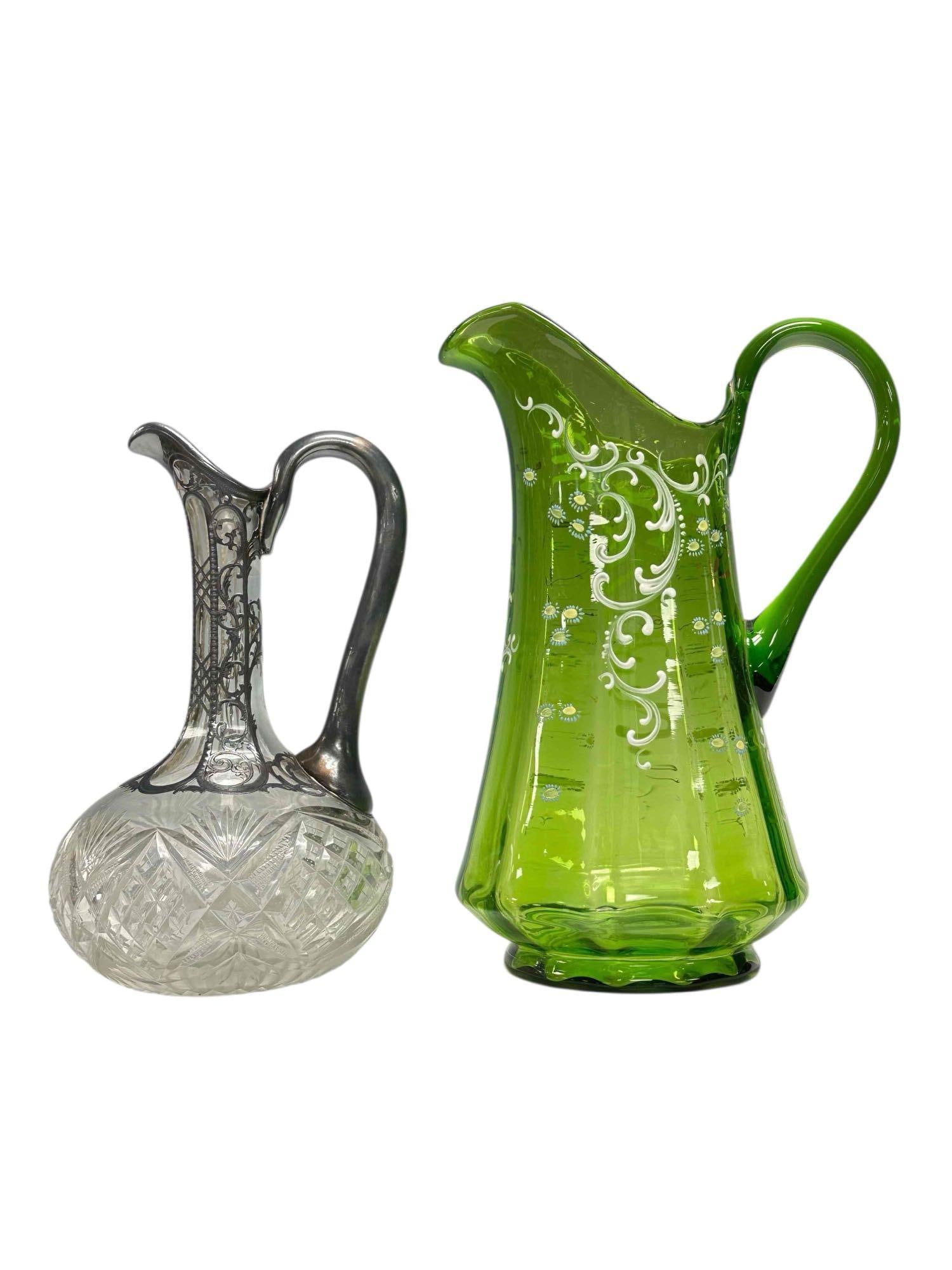 Silver over Cut Glass Claret Jug with Enameled Green Glass Pitcher (2) (1 of 18)