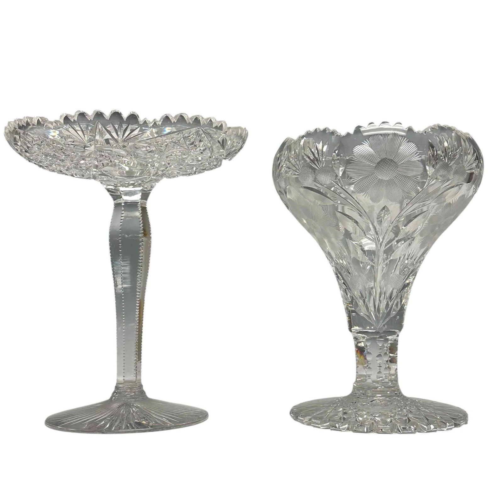 American Brilliant Cut Glass Libby Vase and Pedestal Dish (2): Libby geometric and hob star design pedestal dish with zipper cut stem and American Brilliant Period cut crystal footed vase with sawtooth edge rim and large floral starburst pattern. Measuring approx