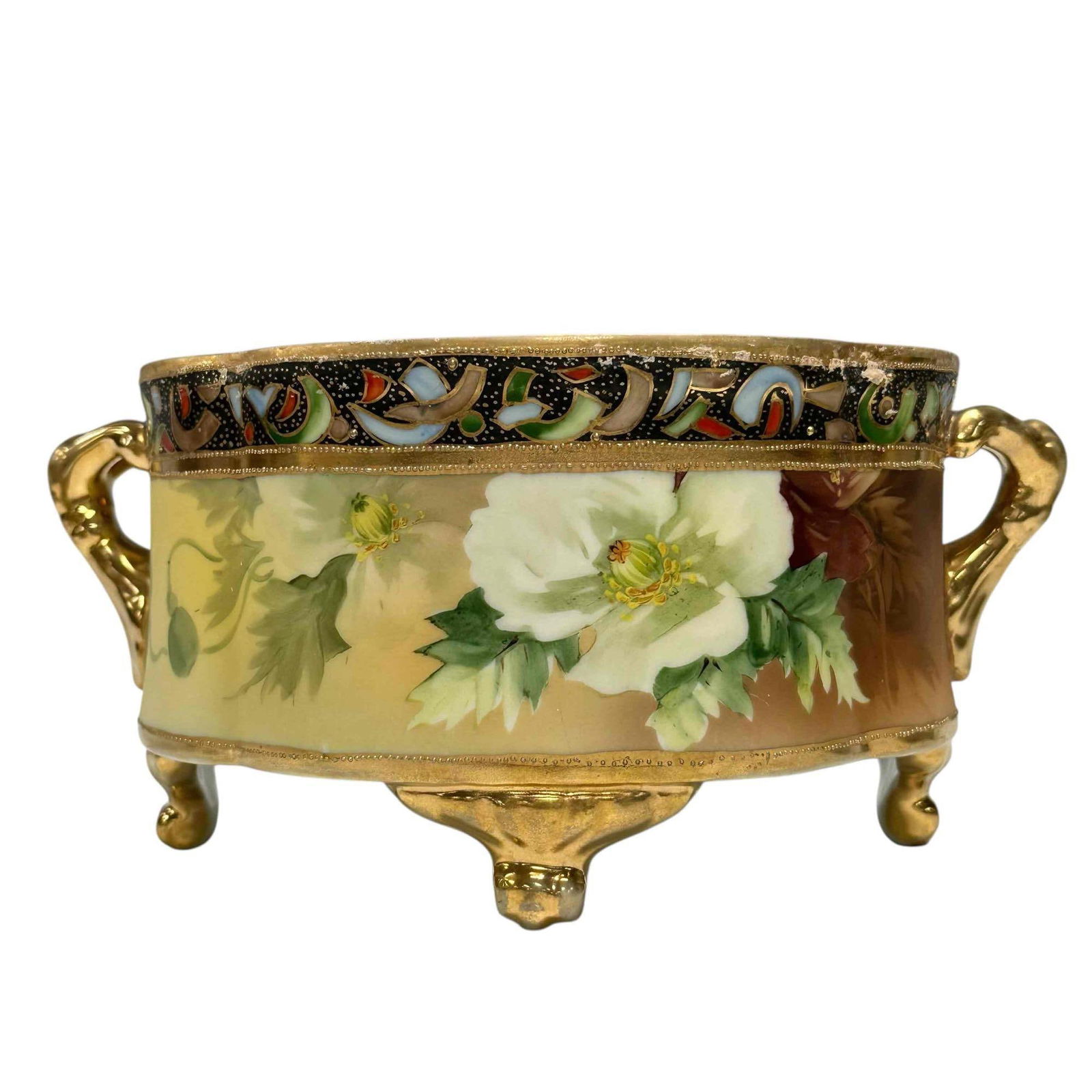 19th Century Nippon Porcelain Footed Ferner Bowl: 1890-1900 hand painted porcelain double handled footed ferner bowl with moriage gold gilding with floral decor. Measuring approx. 4.5" tall by 7.25" diameter. In good age appropriate condition, see ph